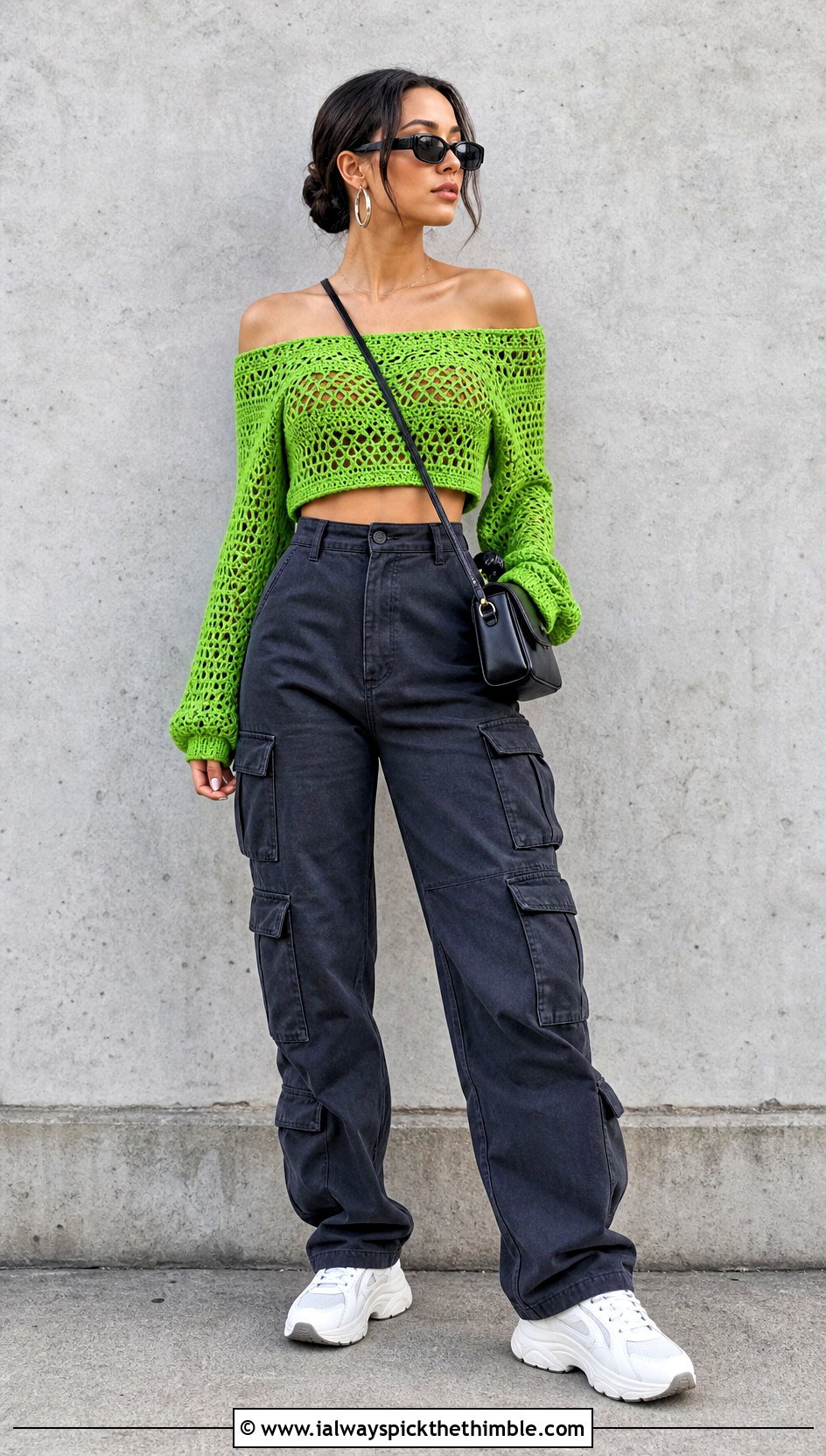 Off Shoulder Crochet Top With Cargo Pants - 15 barbie inspired crochet top outfit ideas