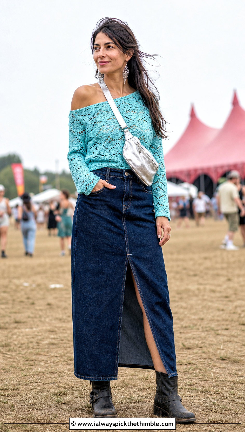 Off Shoulder Crochet Top With Denim Maxi Skirt - 25 crochet festival top outfit ideas