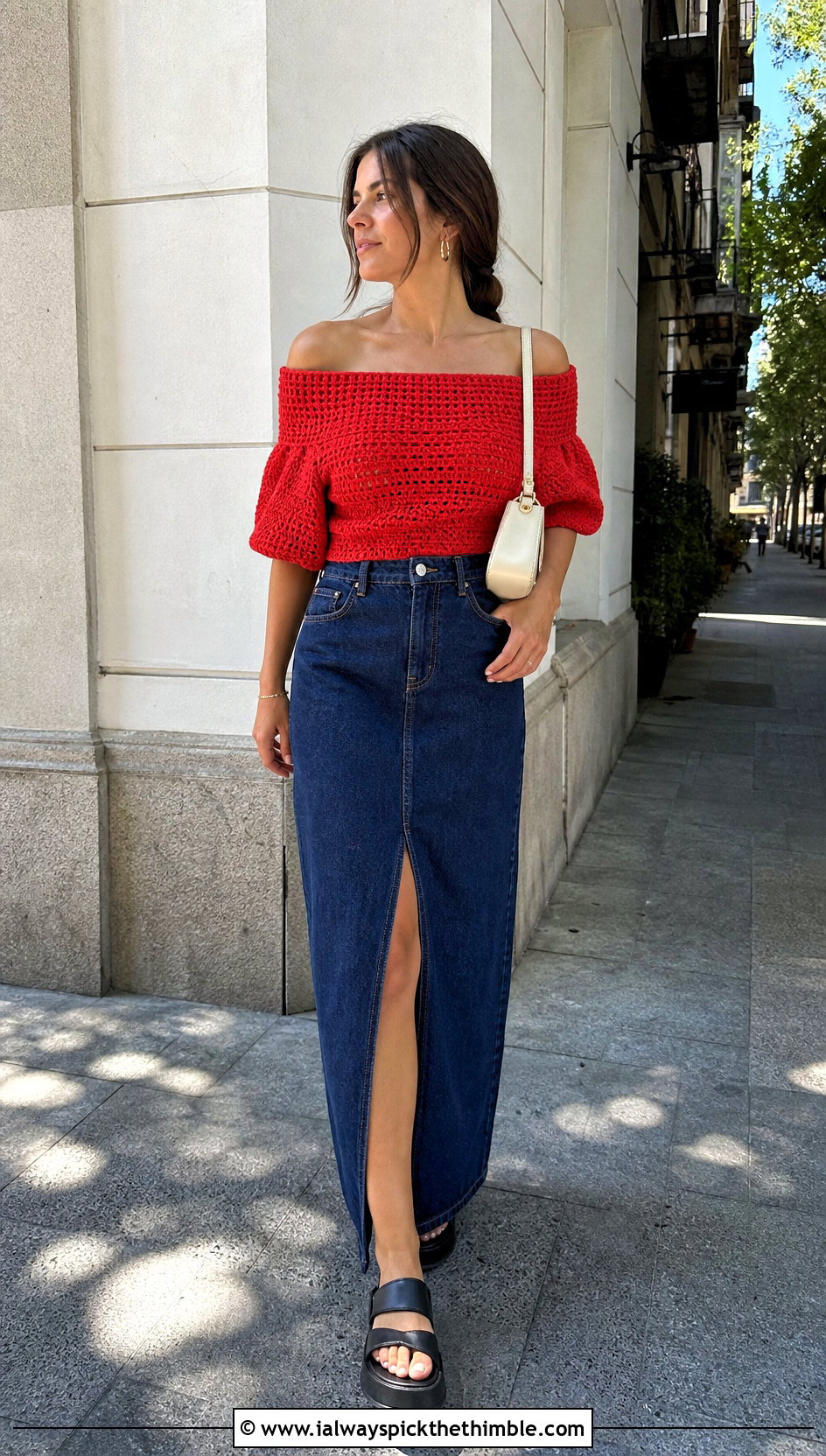 Off Shoulder Crochet Top With Denim Maxi Skirt - 25 crochet top designs outfit ideas