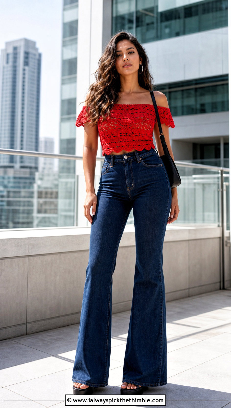 Off Shoulder Crochet Top With Flared Jeans - 25 cute crochet tops ideas
