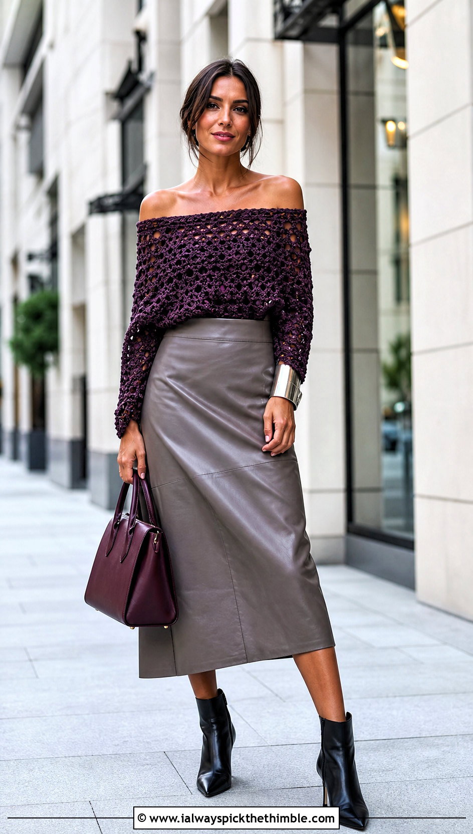 Off Shoulder Crochet Top With Leather Midi Skirt - 15 easy crochet tops for women outfit ideas