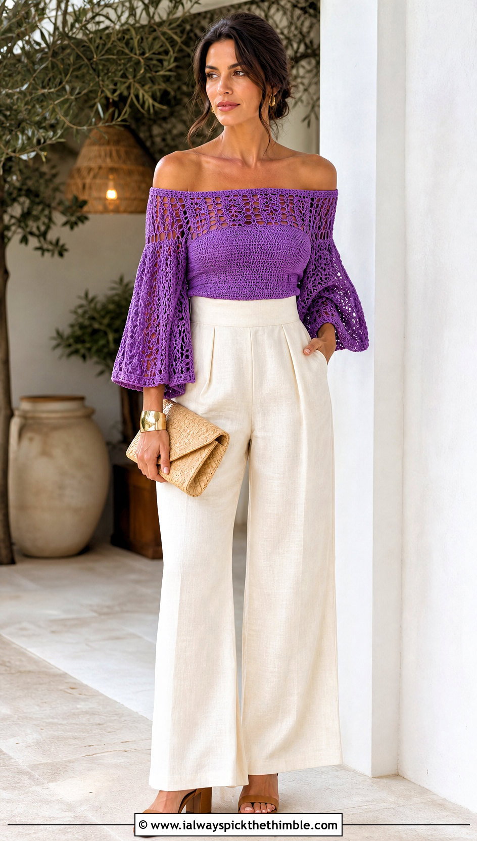 Off Shoulder Crochet Top With Linen Pants - 20 Flowy Crochet Top outfit ideas