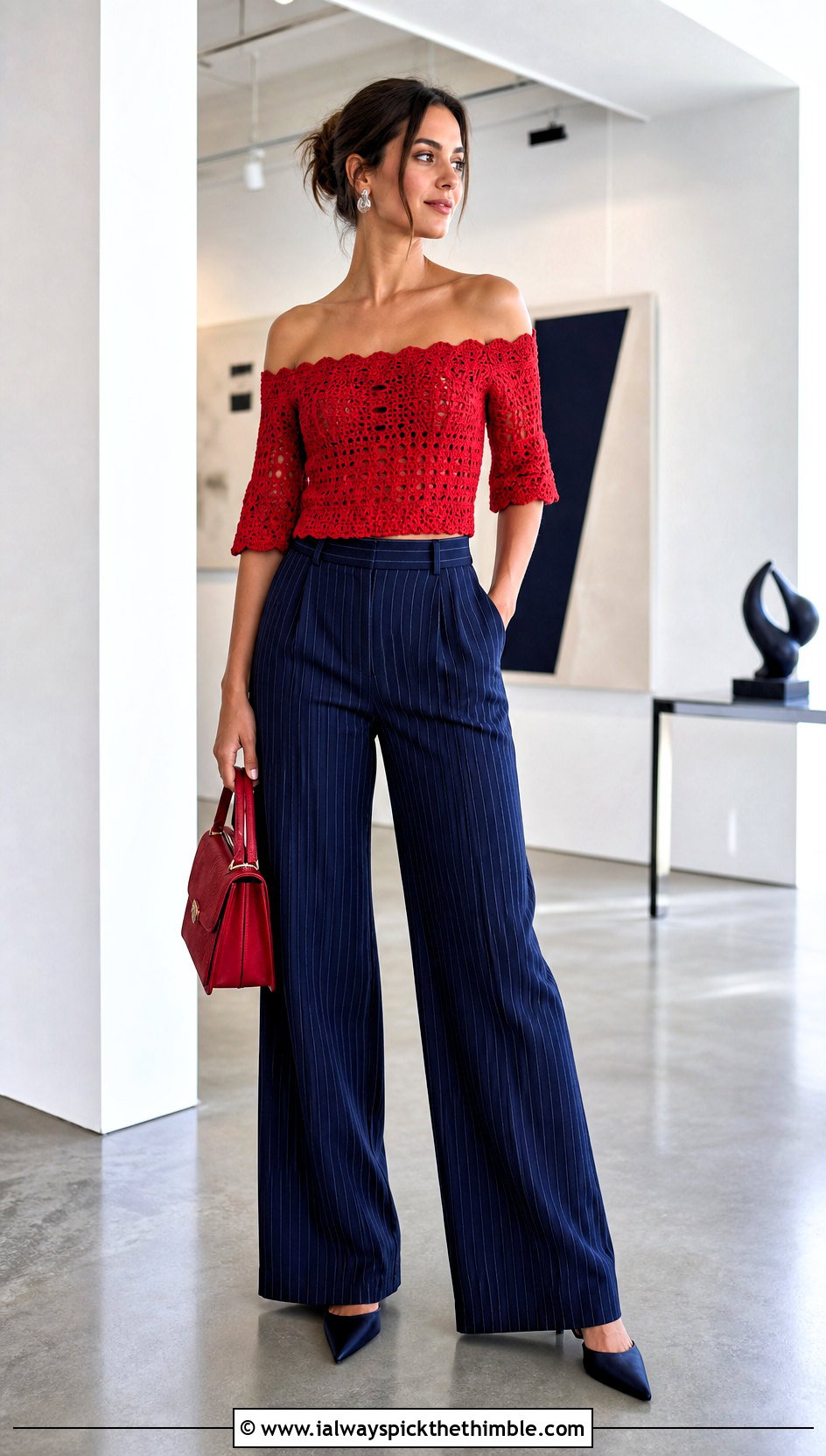 Off Shoulder Crochet Top With Pinstripe Trousers - 25 colorful crochet top outfit ideas