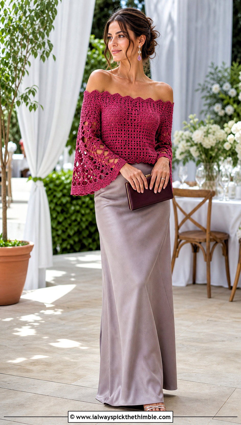 Off Shoulder Crochet Top With Satin Maxi Skirt - 25 Easy Crochet Top outfit ideas