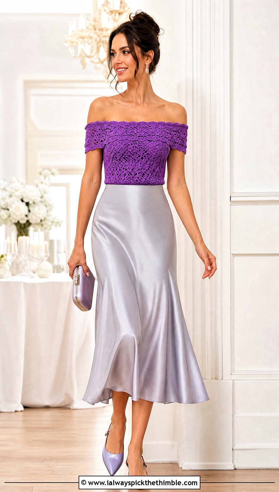 Off Shoulder Crochet Top With Satin Midi Skirt - 25 crocheted tops outfit ideas