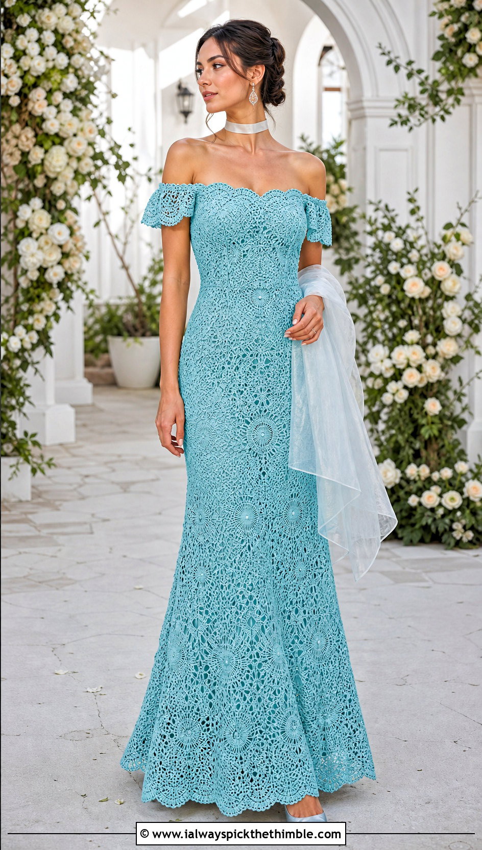 Off Shoulder Crochet Wedding Gown With Choker Necklace - 20 crochet wedding dress gowns outfit ideas