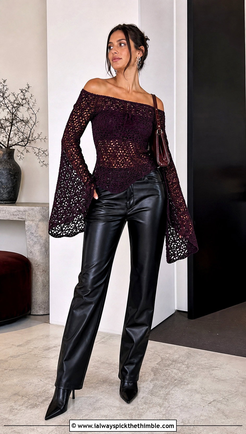 Off Shoulder Crochet Y2K Bell Sleeve Top With Leather Pants - 25 crochet y2k top outfit ideas