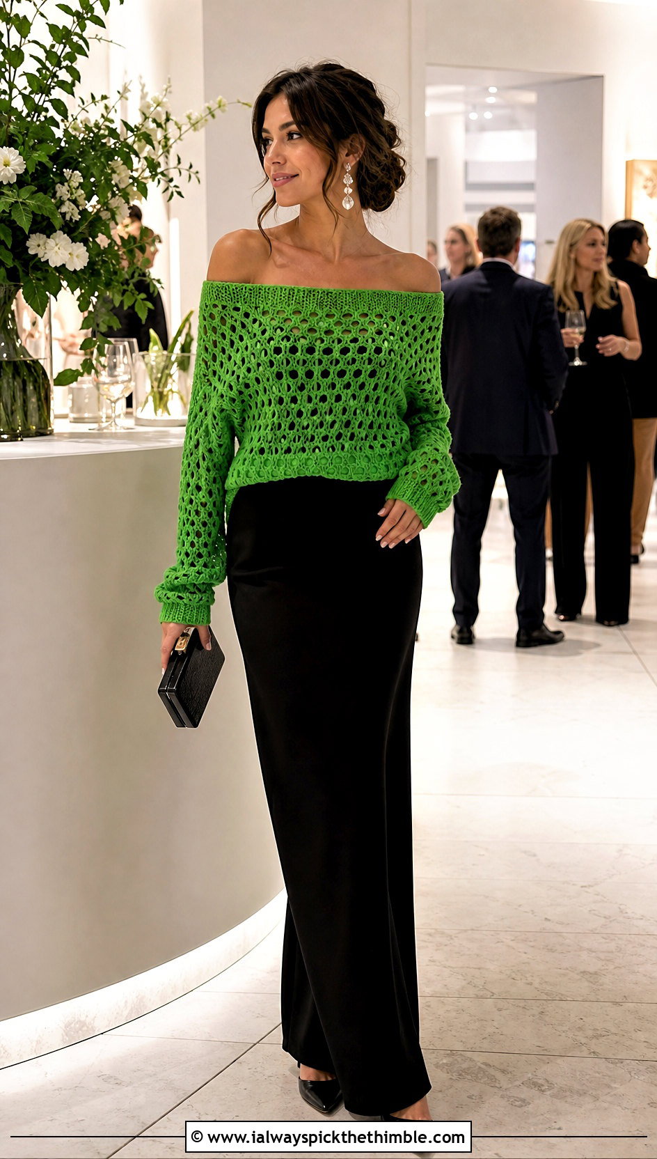 Off Shoulder Crocheted Sweater With Column Maxi Skirt - 20 Crocheted Sweater Outfit ideas