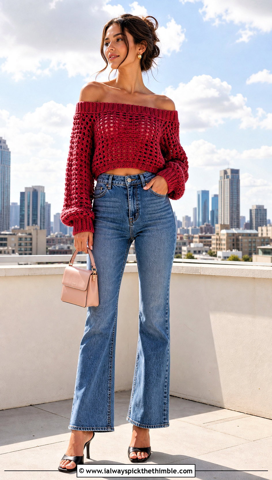 Off Shoulder Cropped Crochet Sweater With High Waisted Jeans - 25 crochet cropped sweater outfit ideas