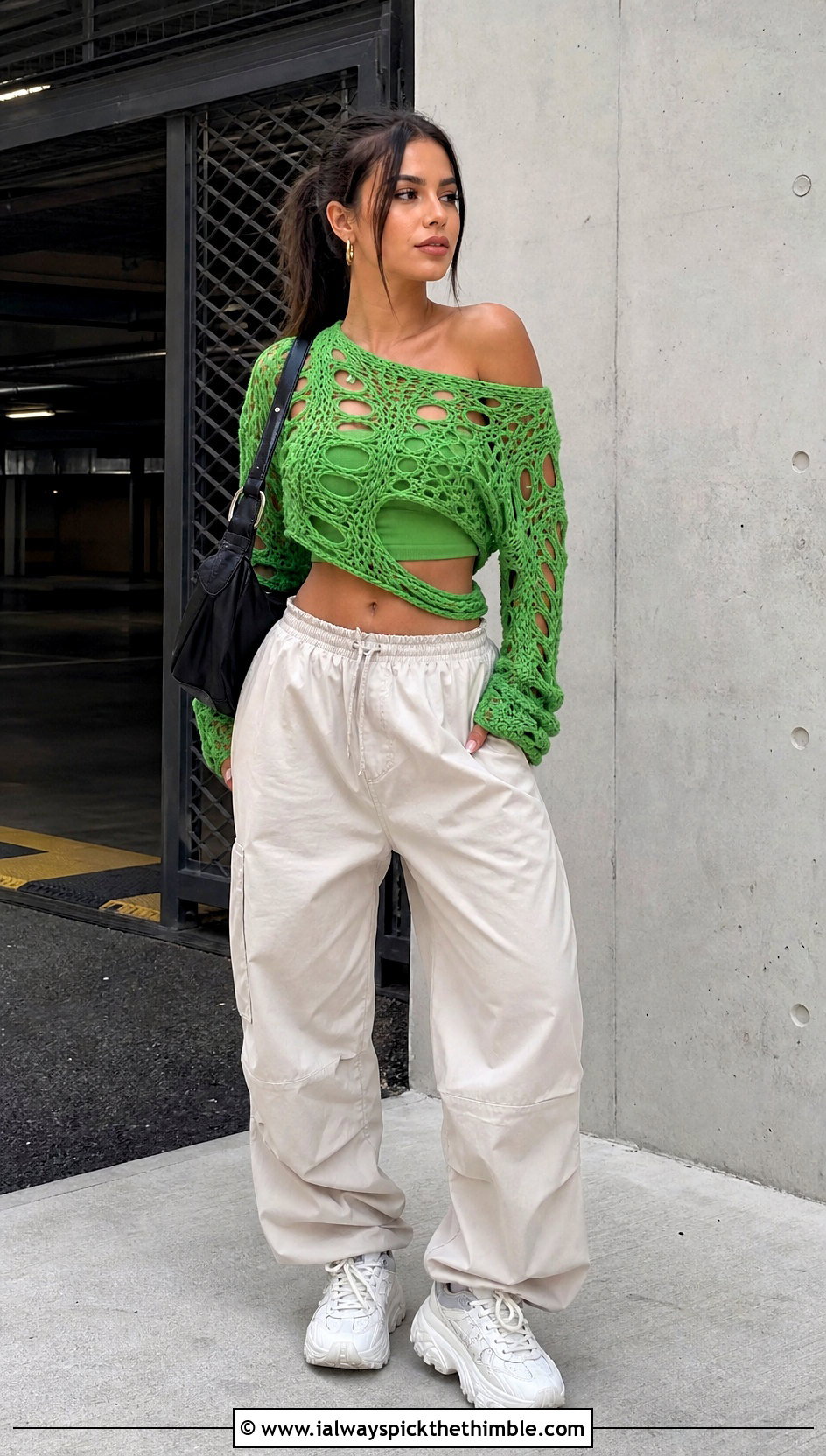 Off Shoulder Cutout Crochet Grunge Top With Parachute Pants - 20 crochet grunge top outfit ideas