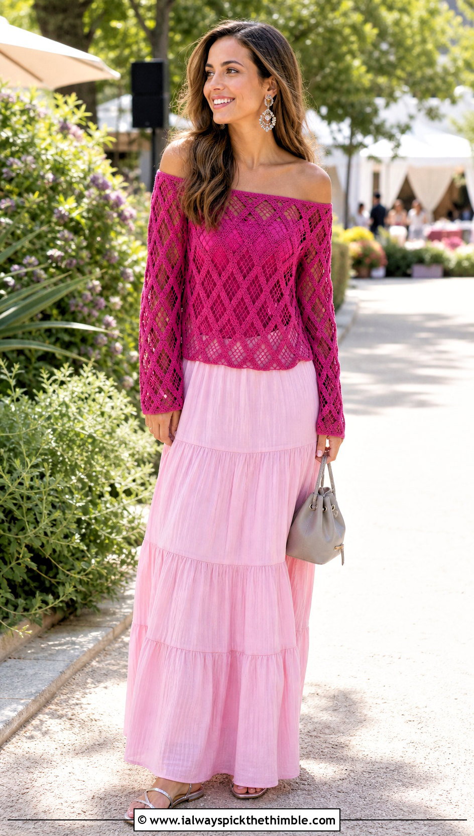 Off Shoulder Diamond Mesh Stitch Crochet Top With Tiered Maxi Skirt - 20 Diamond Mesh Stitch Crochet Top outfit ideas
