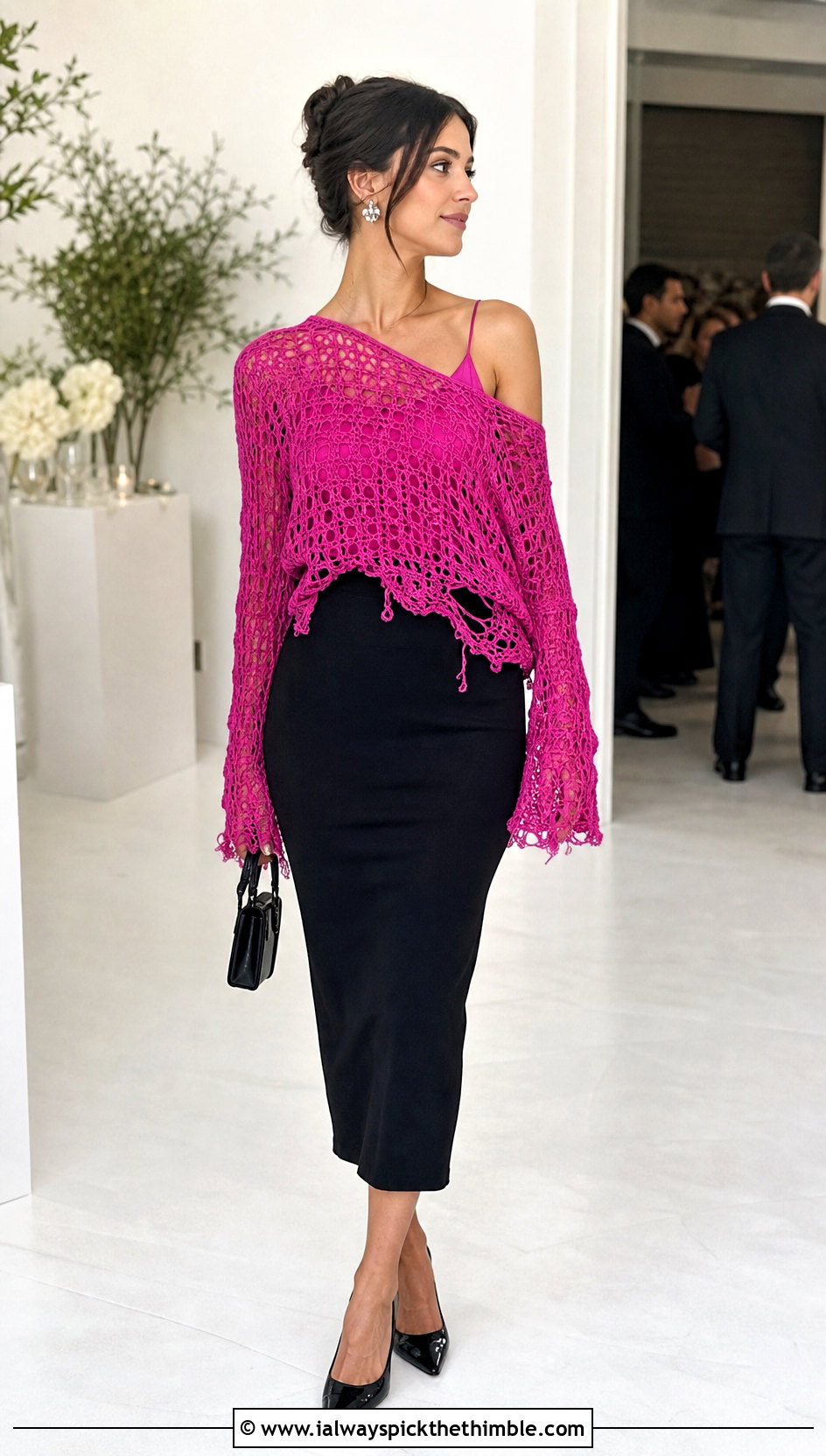Off Shoulder Distressed Crochet Sweater With Pencil Skirt - 25 distressed crochet sweater outfit ideas