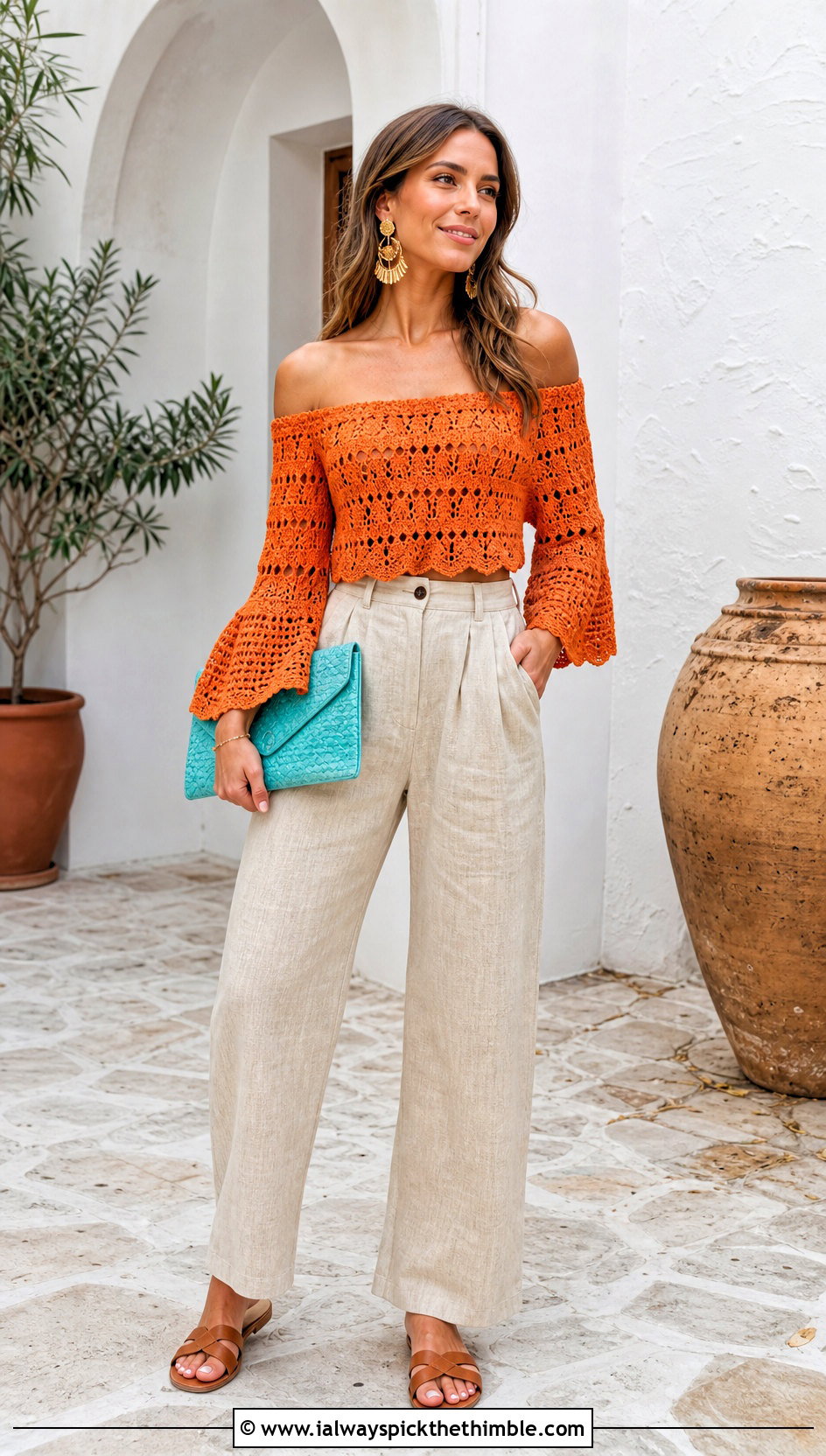 Off Shoulder Flare Sleeve Crochet Top With Linen Pants - 20 Crochet Top With Flare Sleeves outfit ideas