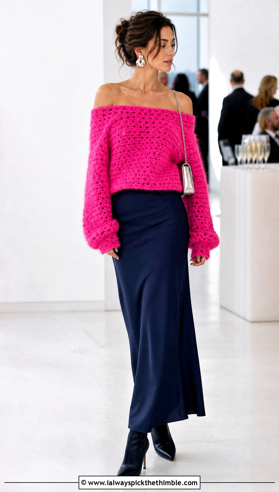 Off Shoulder Fluffy Crochet Sweater With Maxi Skirt - 25 fluffy crochet sweater outfit ideas