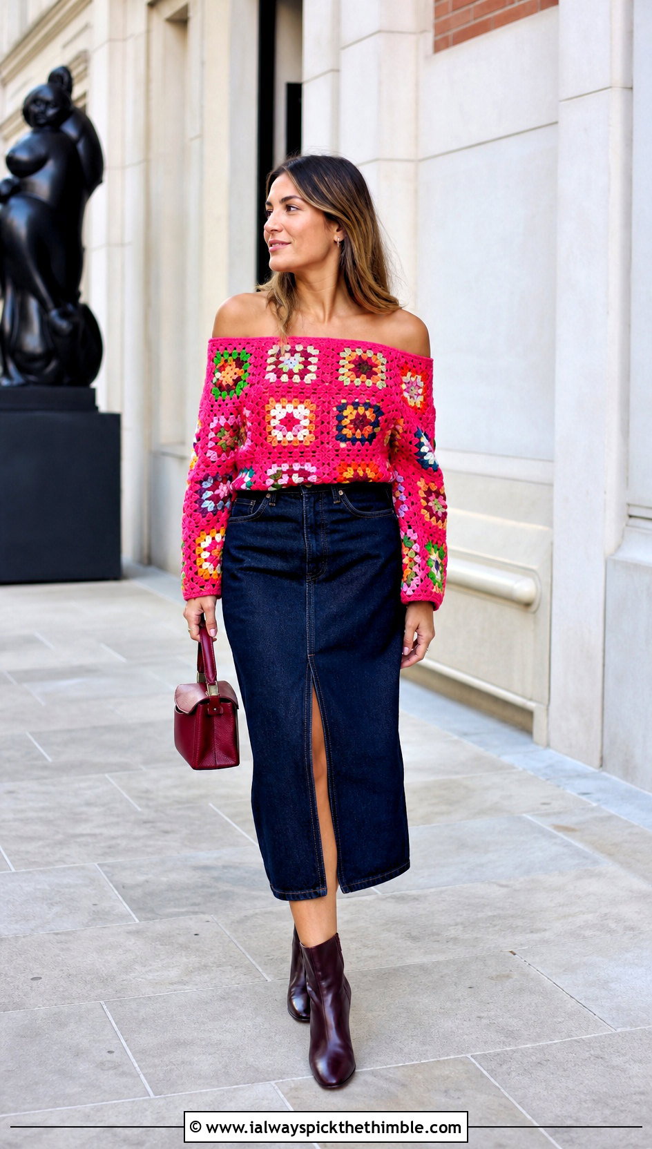 Off Shoulder Granny Square Crochet Long Sleeve Top With A Denim Midi Skirt - 20 Granny Square Crochet Long Sleeve Top outfit ideas