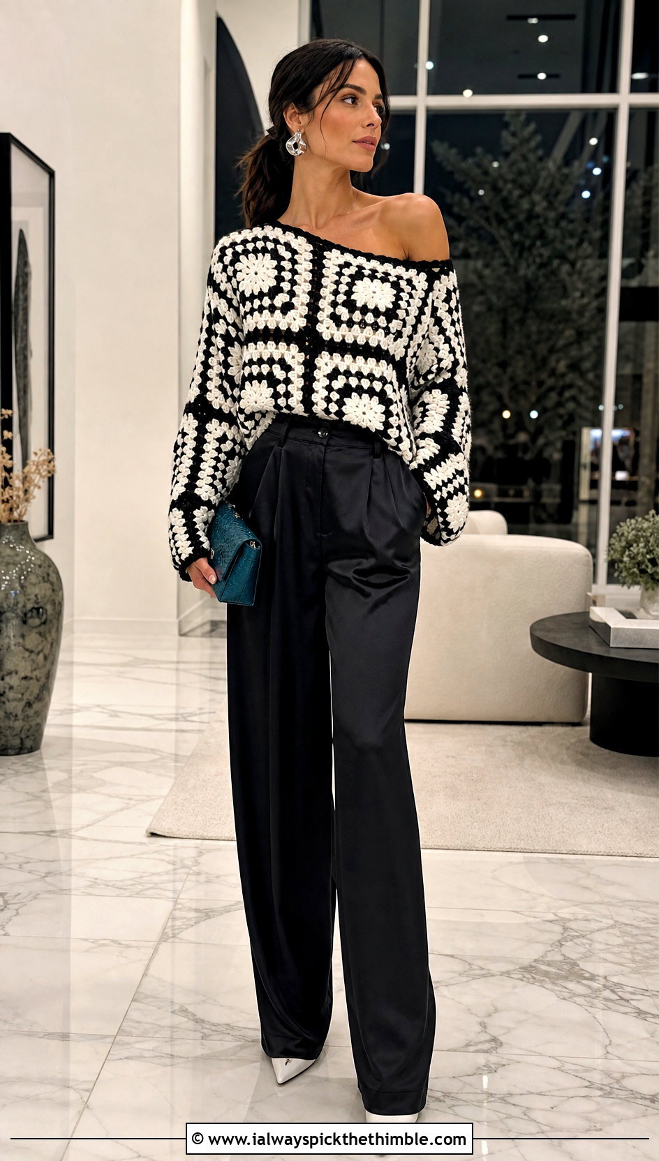 Off Shoulder Granny Square Sweater With Satin Trousers - 20 black and white granny square sweater outfit ideas