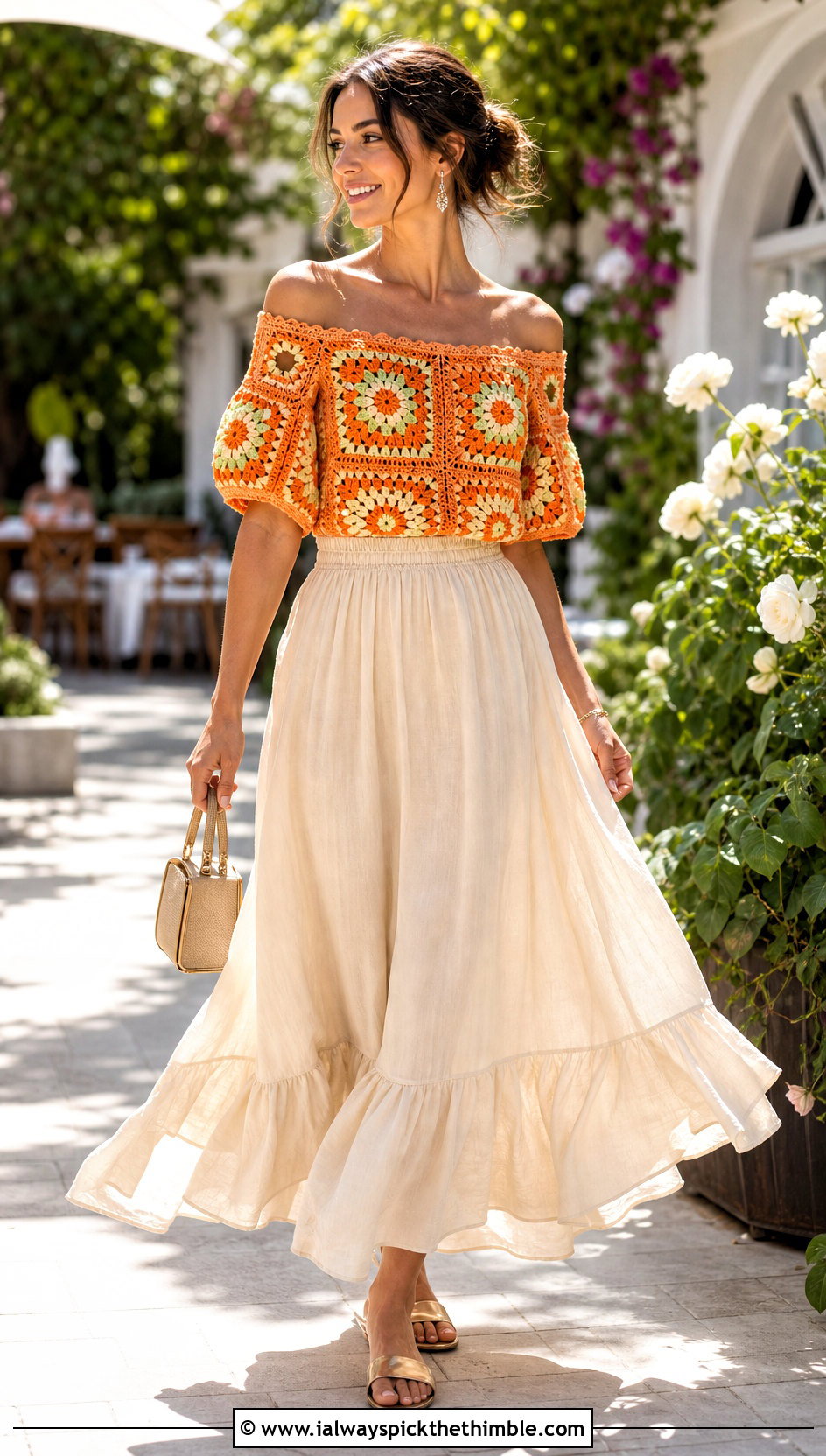 Off Shoulder Granny Square Top With Maxi Skirt - 20 Crochet Granny Square Tops For Women outfit ideas