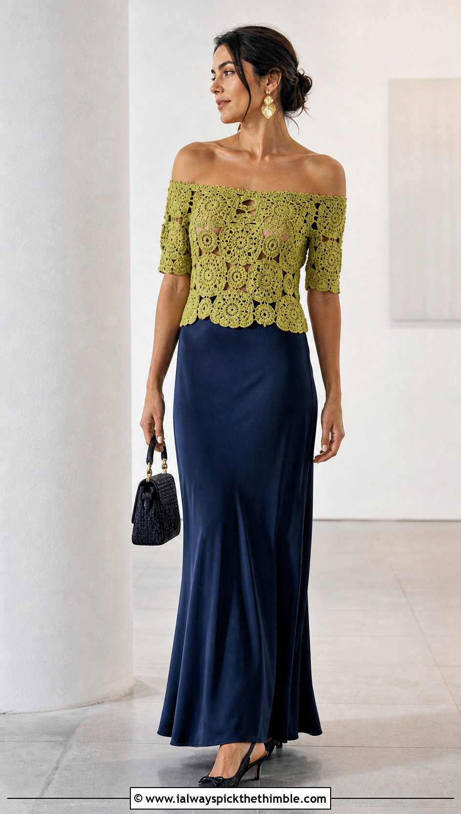 Off Shoulder Granny Square Top With Satin Maxi Skirt - 25 crochet granny square top outfit ideas