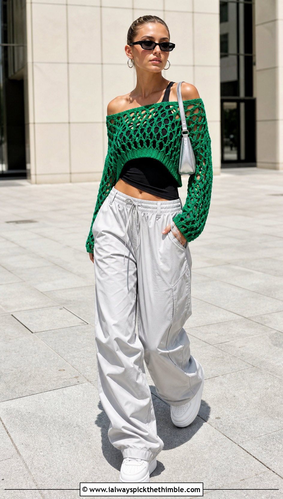 Off Shoulder Hollow Out Crop Crochet Sweater With Parachute Pants - 15 hollow out crop crochet sweater outfit ideas
