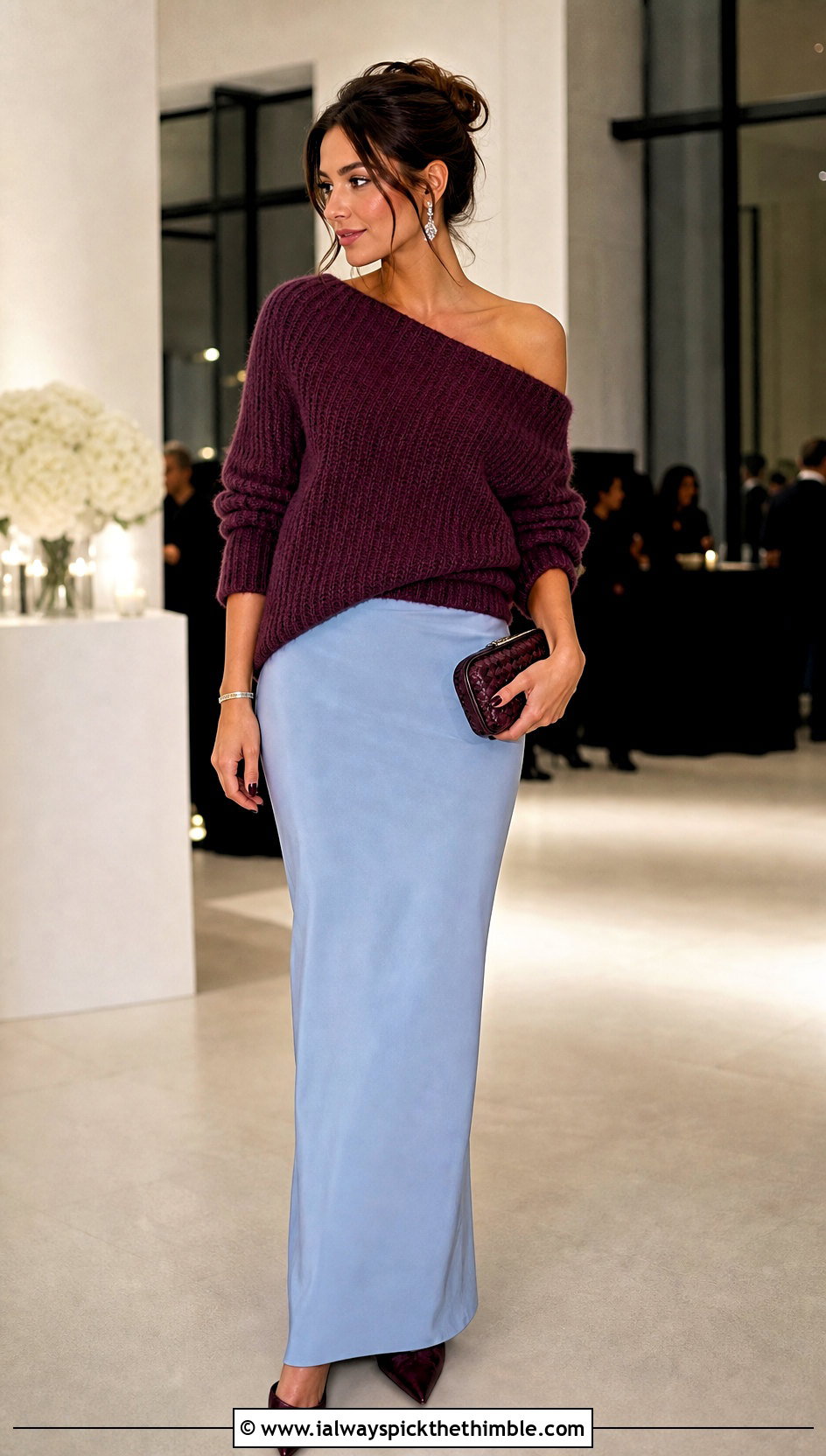 Off Shoulder Knit Sweater With Column Maxi Skirt - 20 Knit And Crochet Sweater outfit ideas