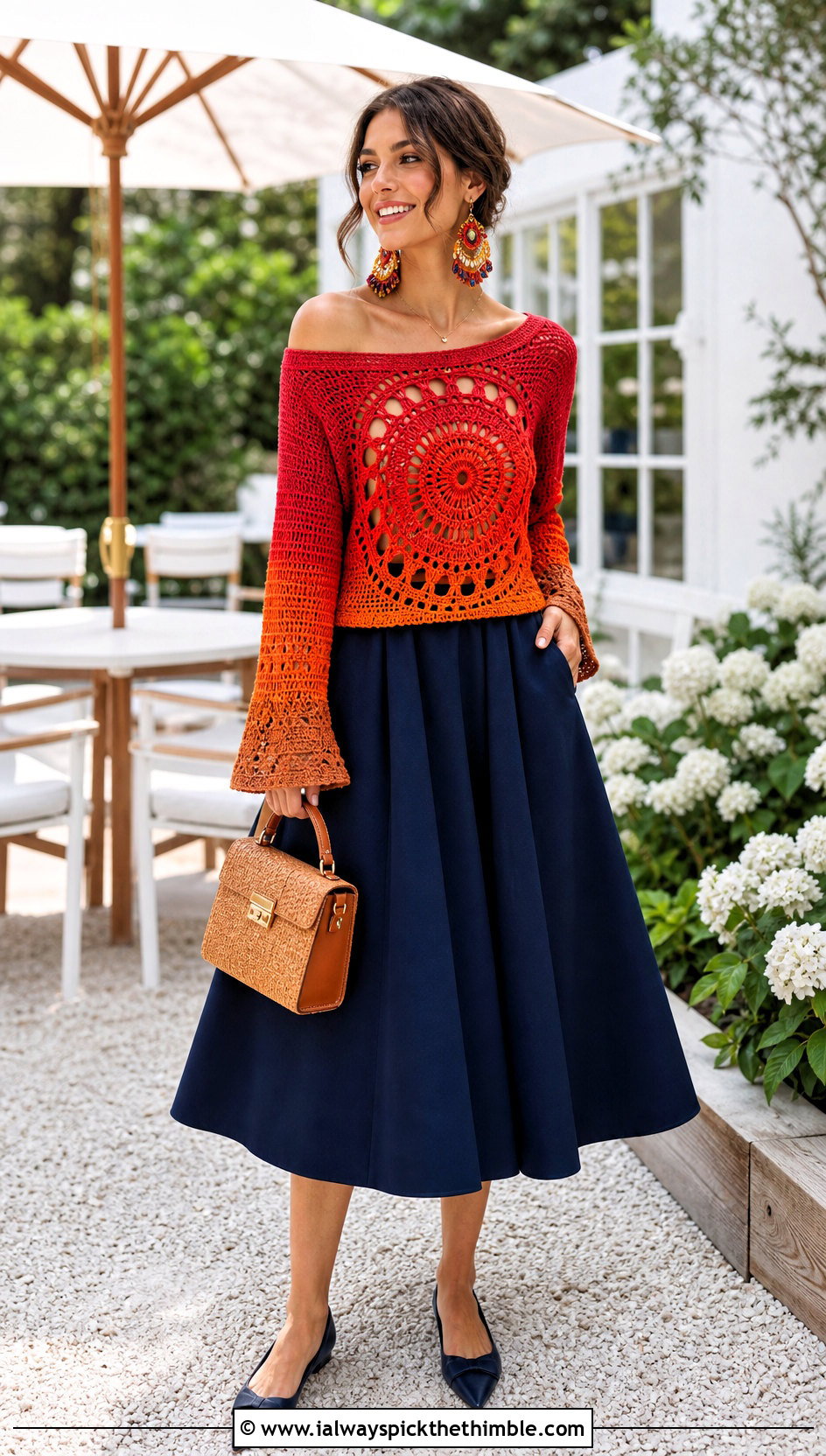Off Shoulder Mandala Ombre Crochet Sweater With A Line Midi Skirt - 15 mandala ombre crochet sweater outfit ideas
