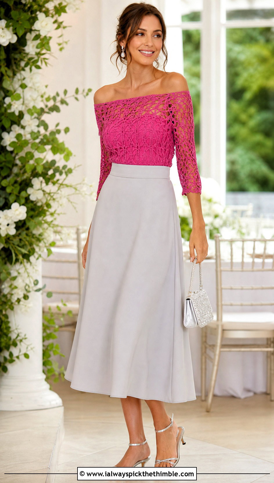 Off Shoulder Mesh Crochet Top With A Line Skirt - 25 mesh crochet top outfit ideas