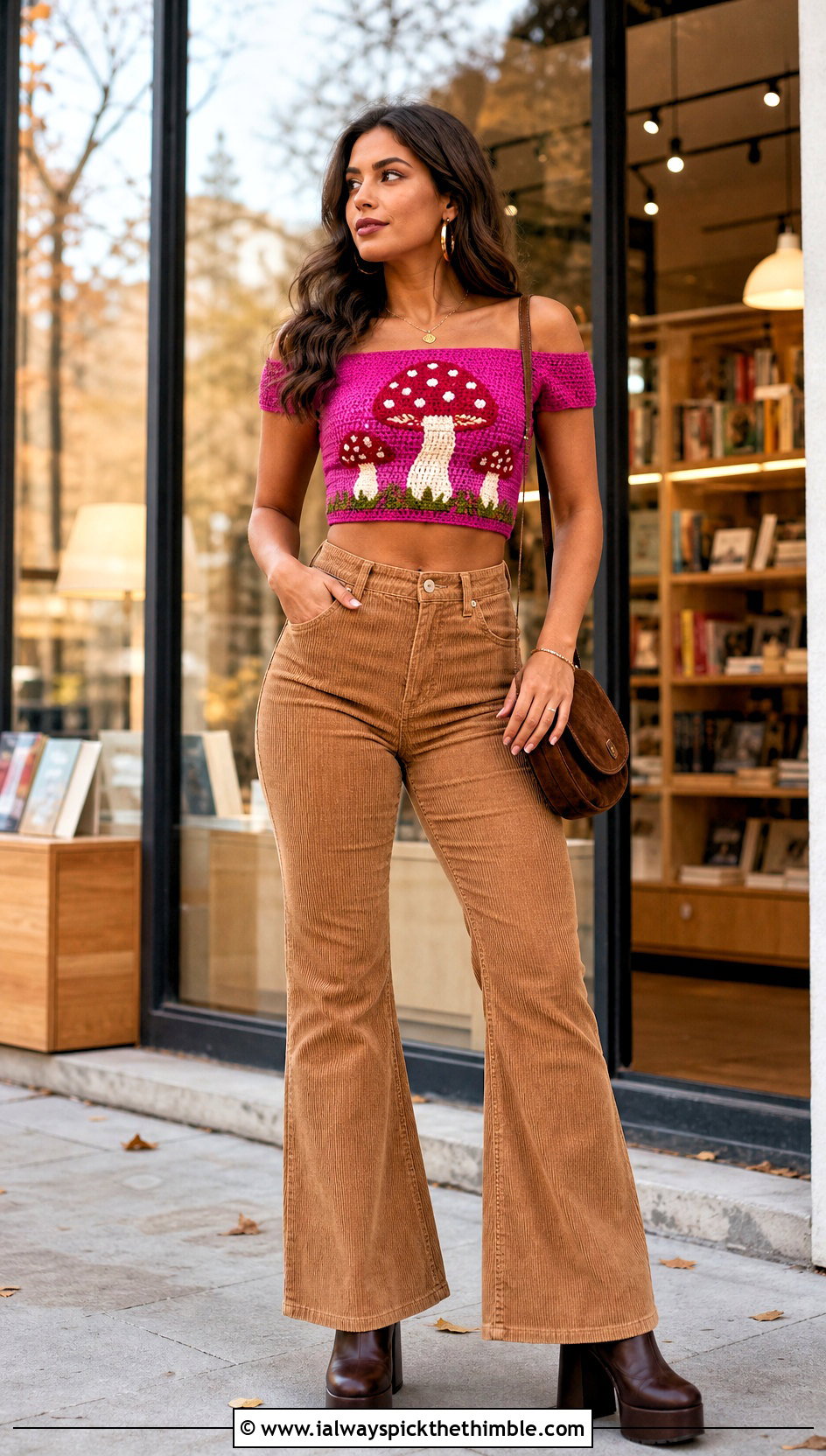 Off Shoulder Mushroom Crochet Crop Top With Corduroy Pants - 15 Crochet Mushroom Crop Top outfit ideas