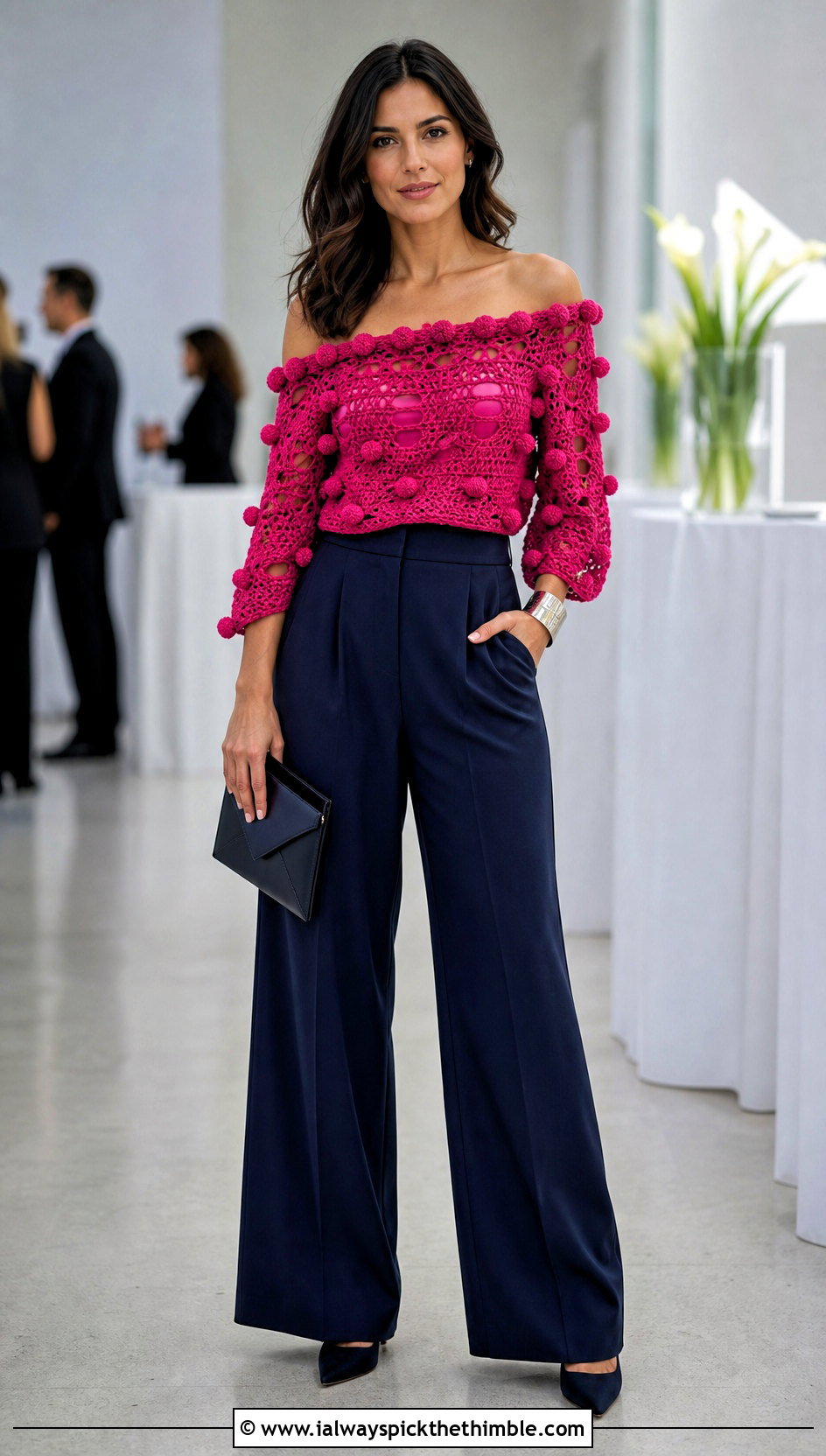 Off Shoulder Pink Crochet Pom Pom Sweater With Suit Pants - 15 pink crochet sweater with pom poms outfit ideas
