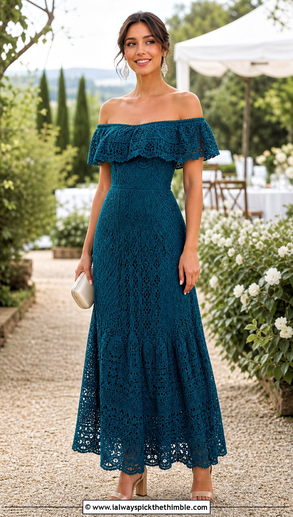 Off Shoulder Ruffle Crochet Maxi Dress With Heels - 20 Off Shoulder Crochet Dress outfit ideas