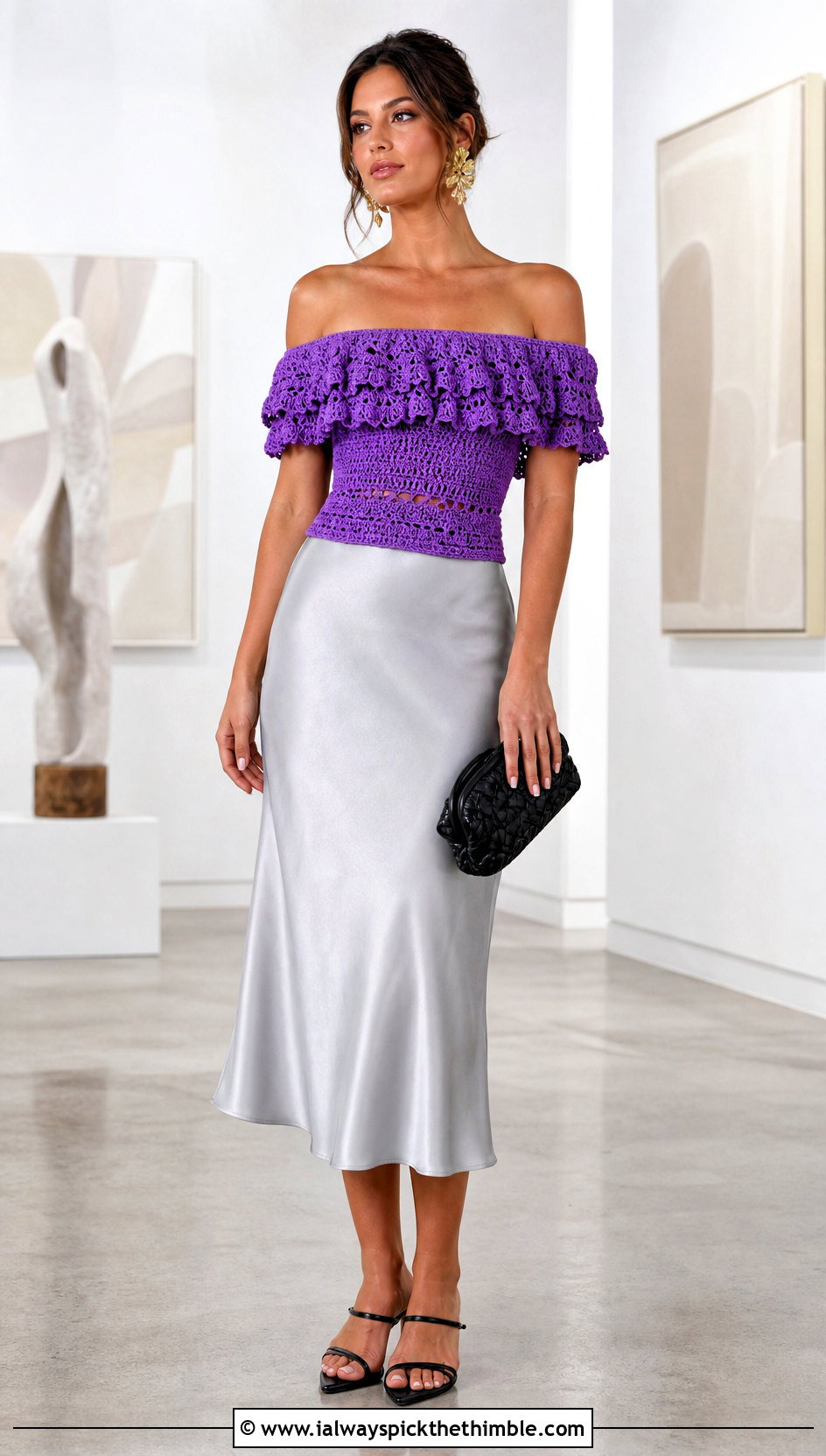 Off Shoulder Ruffle Crochet Top With Satin Midi Skirt - 15 Crochet Ruffle Edging Top outfit ideas