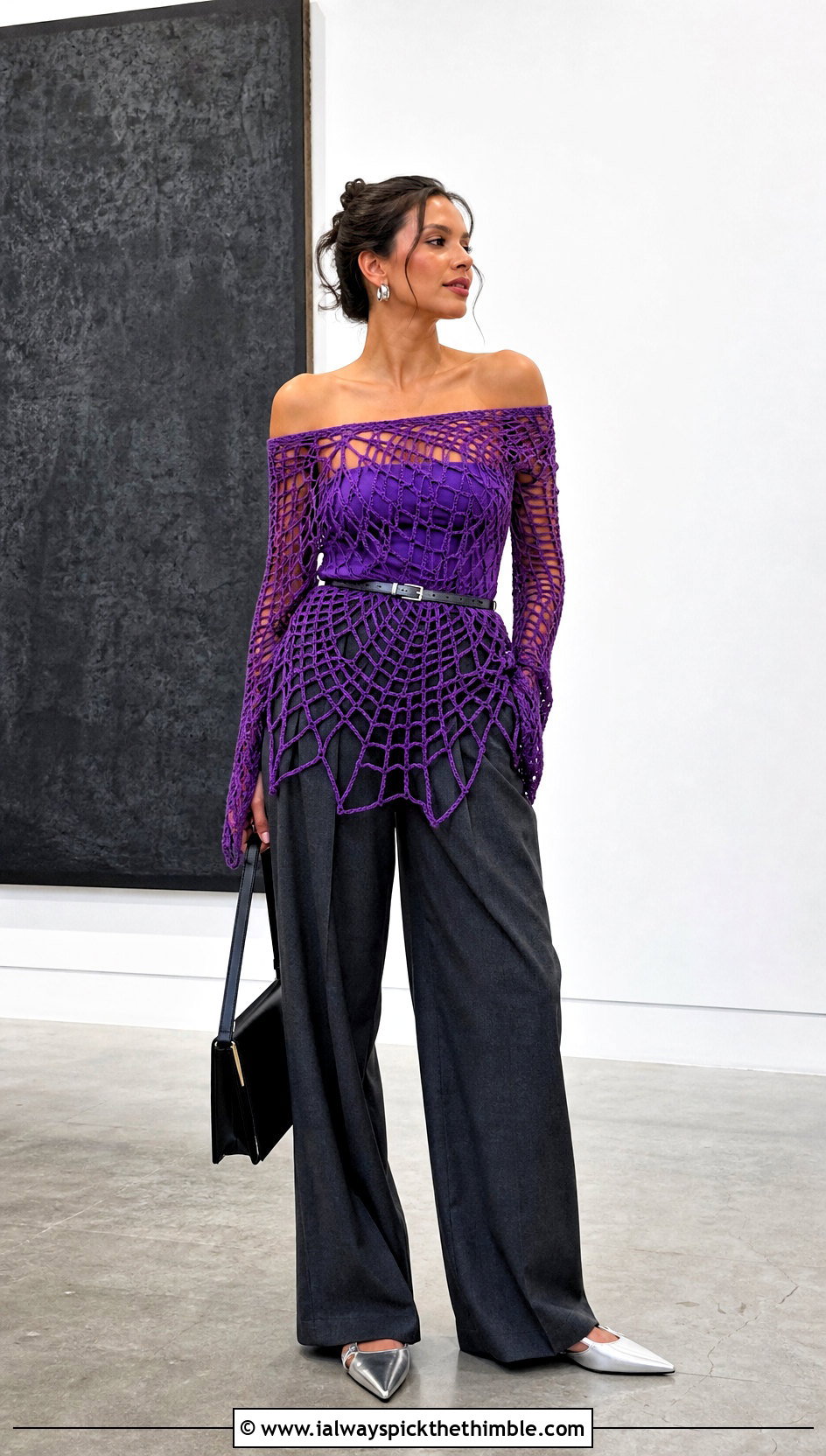 Off Shoulder Spider Web Crochet Dress With Tailored Trousers - 15 spider web crochet dress outfit ideas