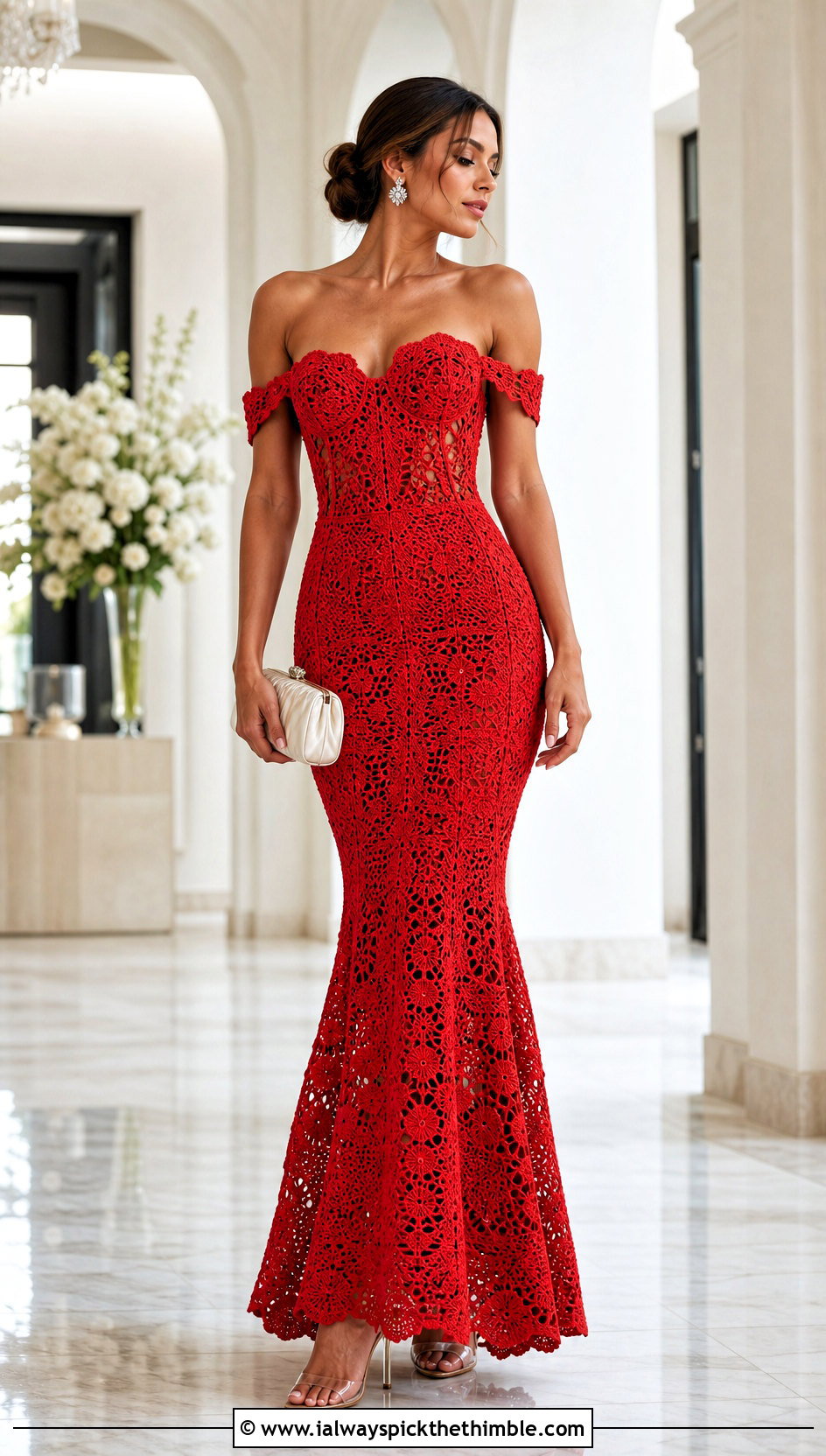 Off Shoulder Trumpet Crochet Prom Dress With Crystal Heels - 20 Prom Crochet Dress outfit ideas