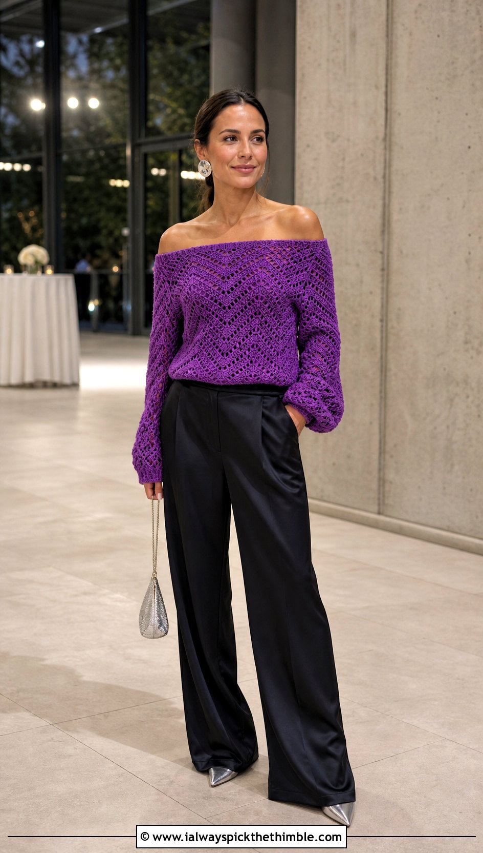 Off Shoulder V Stitch Crochet Sweater With Satin Pants - 20 V Stitch Crochet Sweater outfit ideas