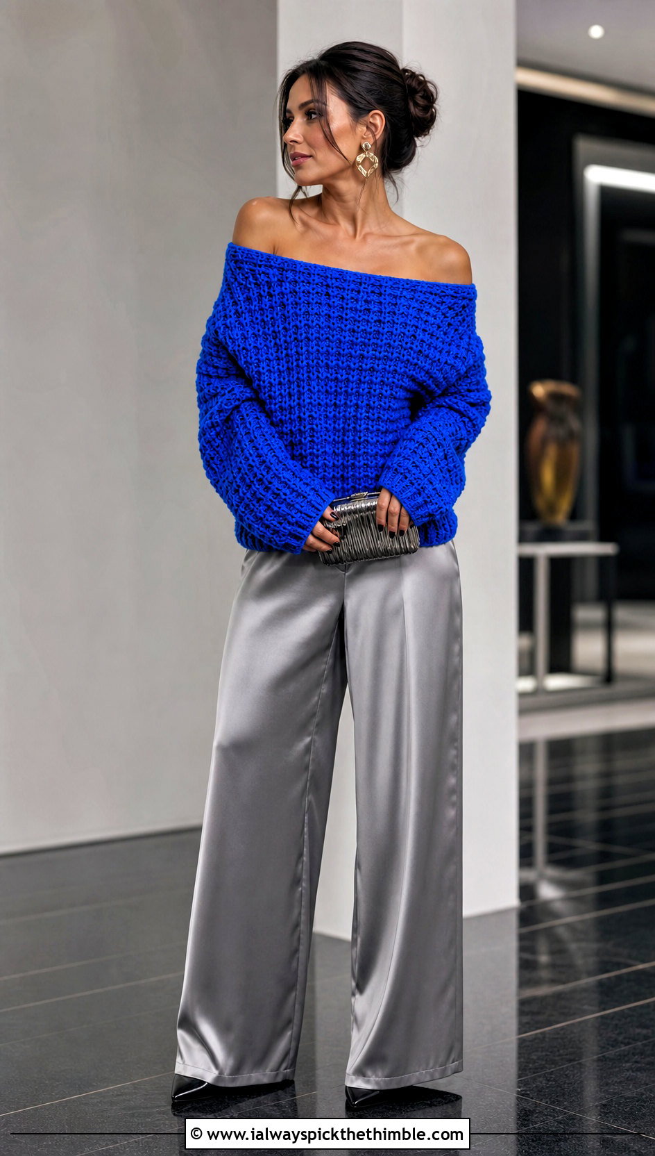 Off Shoulder Waffle Stitch Crochet Sweater With Satin Trousers - 20 waffle stitch crochet sweater outfit ideas