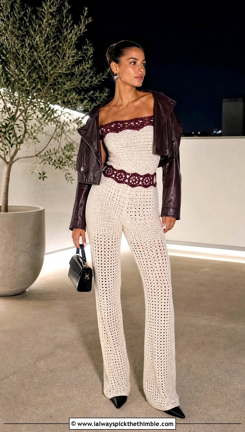 Off Shoulder White Crochet Jumpsuit With Leather Jacket - 15 white crochet jumpsuit outfit ideas