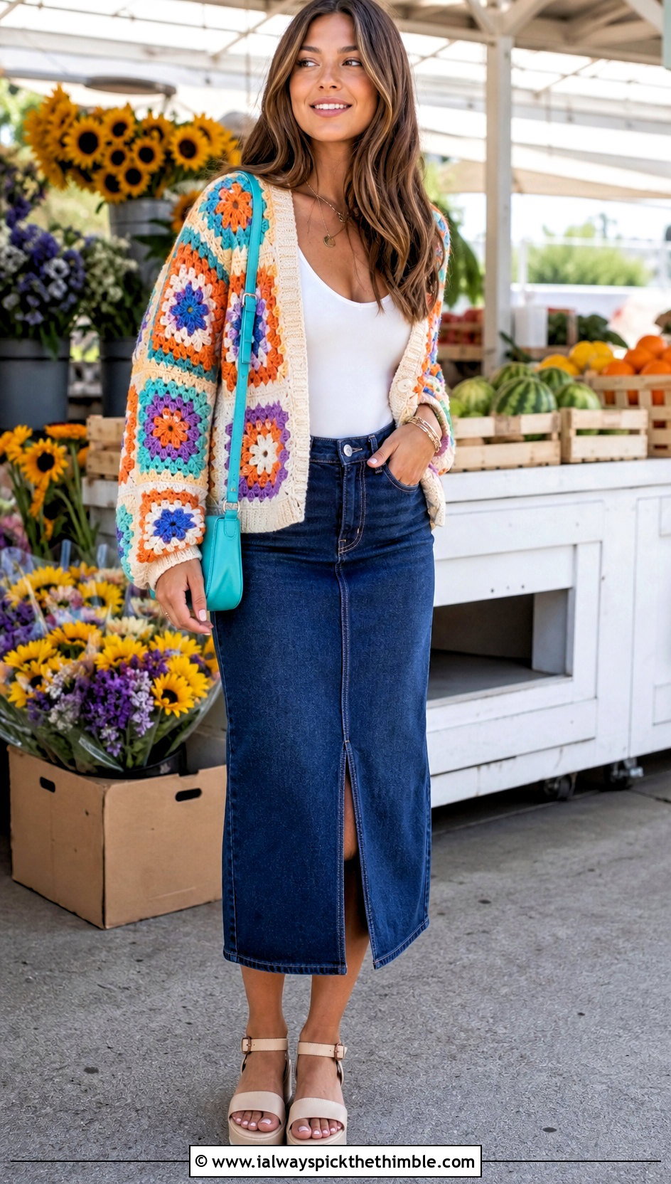 Old Navy Granny Square Crochet Cardigan With Denim Midi Skirt - 15 old navy crochet sweater outfit ideas