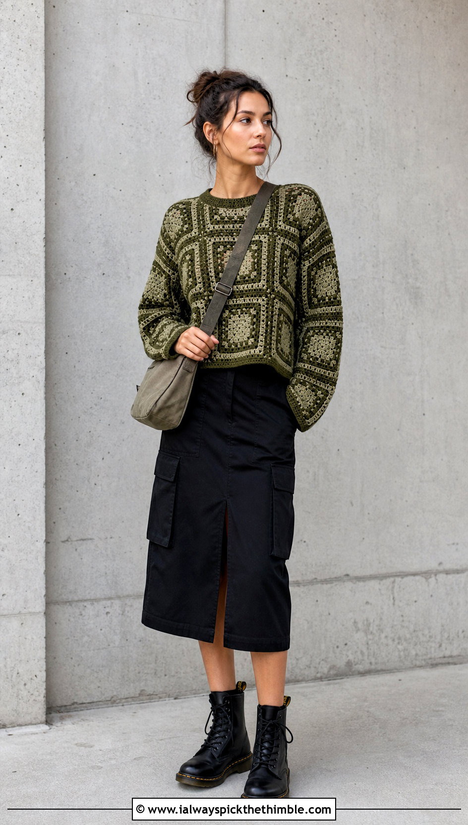 Olive Mosaic Green Crochet Jumper With Cargo Midi Skirt - 20 green crochet jumper outfit ideas