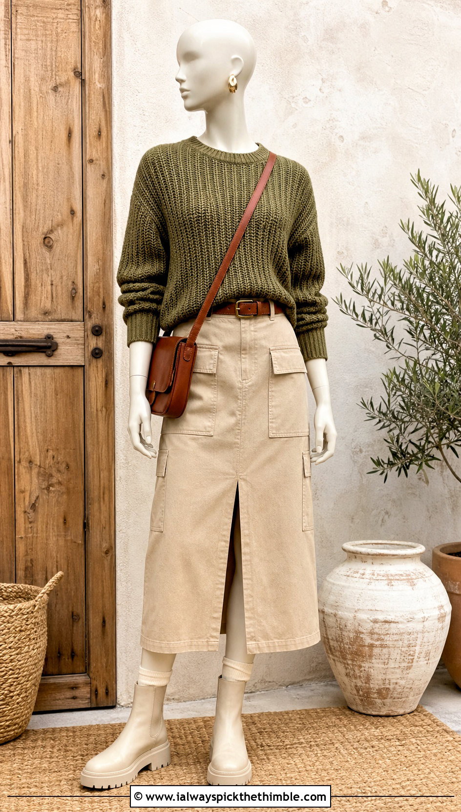 Olive Ribbed Crochet Crewneck Sweater With Utility Midi Skirt - 15 Green Crochet Sweater On Mannequin outfit ideas