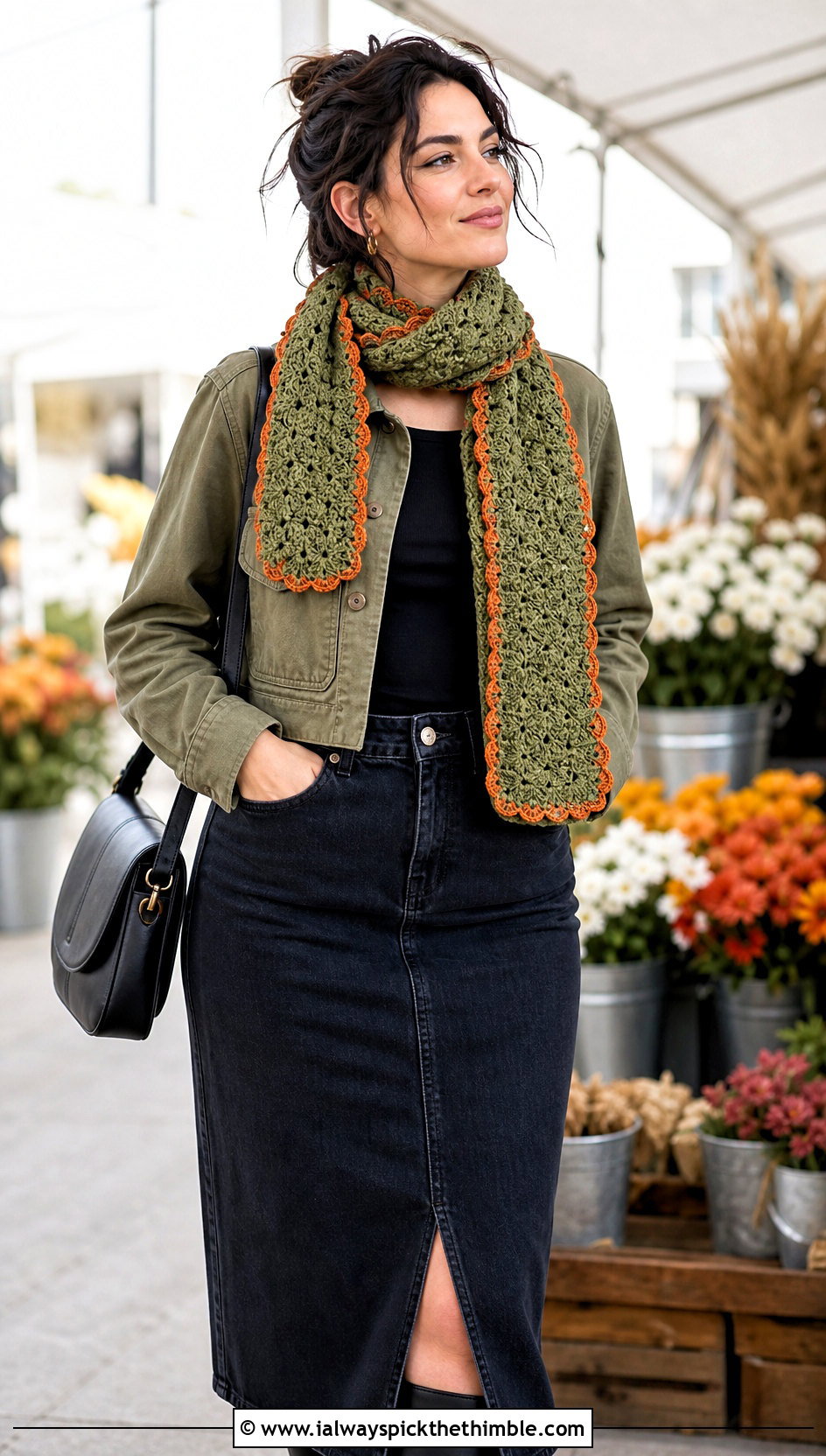 Olive Shell Stitch Crochet Scarf With Utility Jacket - 15 neutral tone crochet scarf outfit ideas