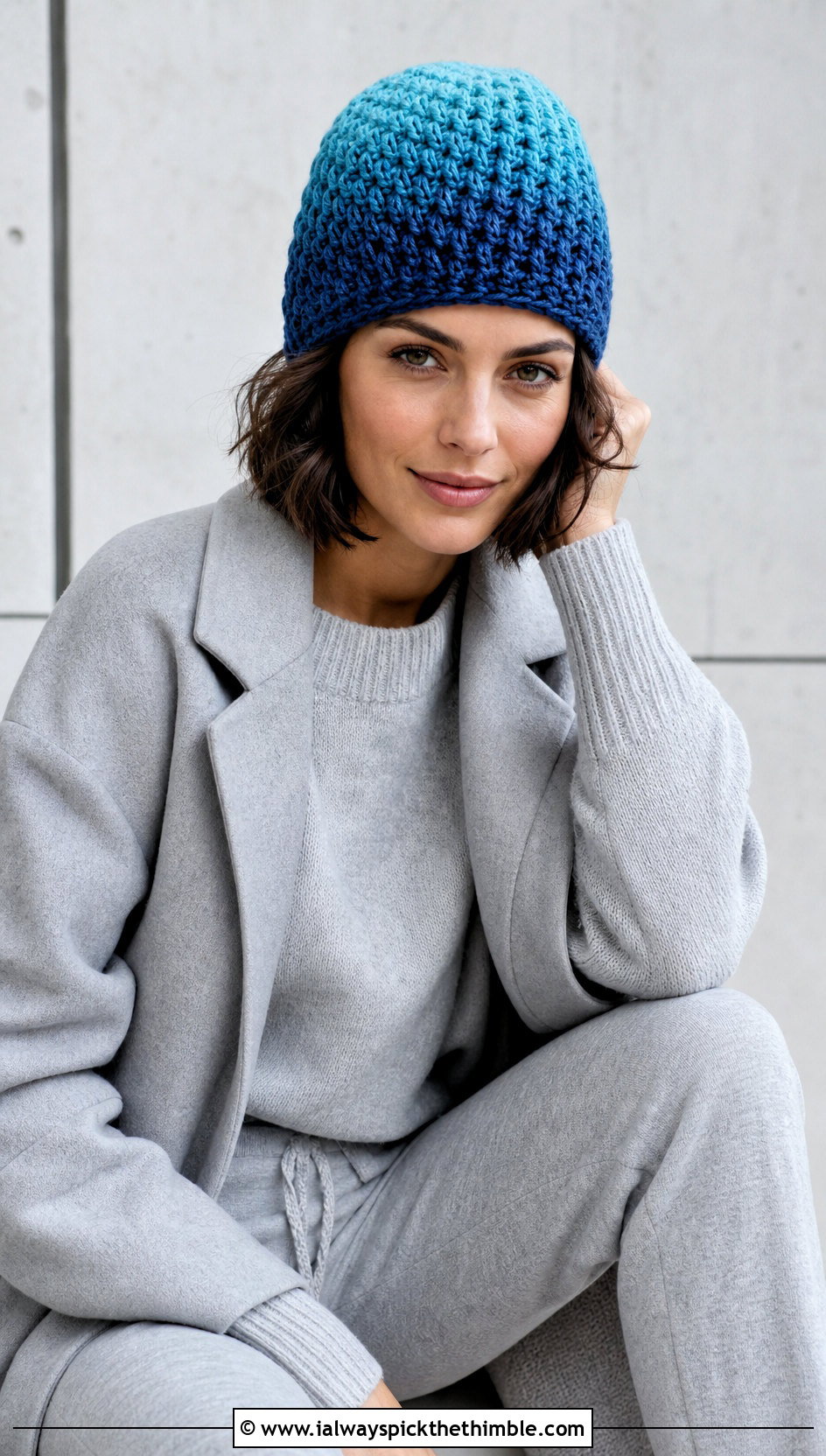 Ombre Alpine Stitch Beanie With Monochrome Sweater Outfit - 15 Alpine Stitch Crochet Hat outfit ideas