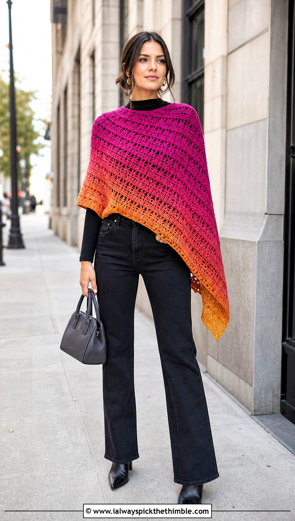 Ombre Asymmetrical Crochet Poncho With Black Denim - 20 Asymmetrical Crochet Poncho outfit ideas