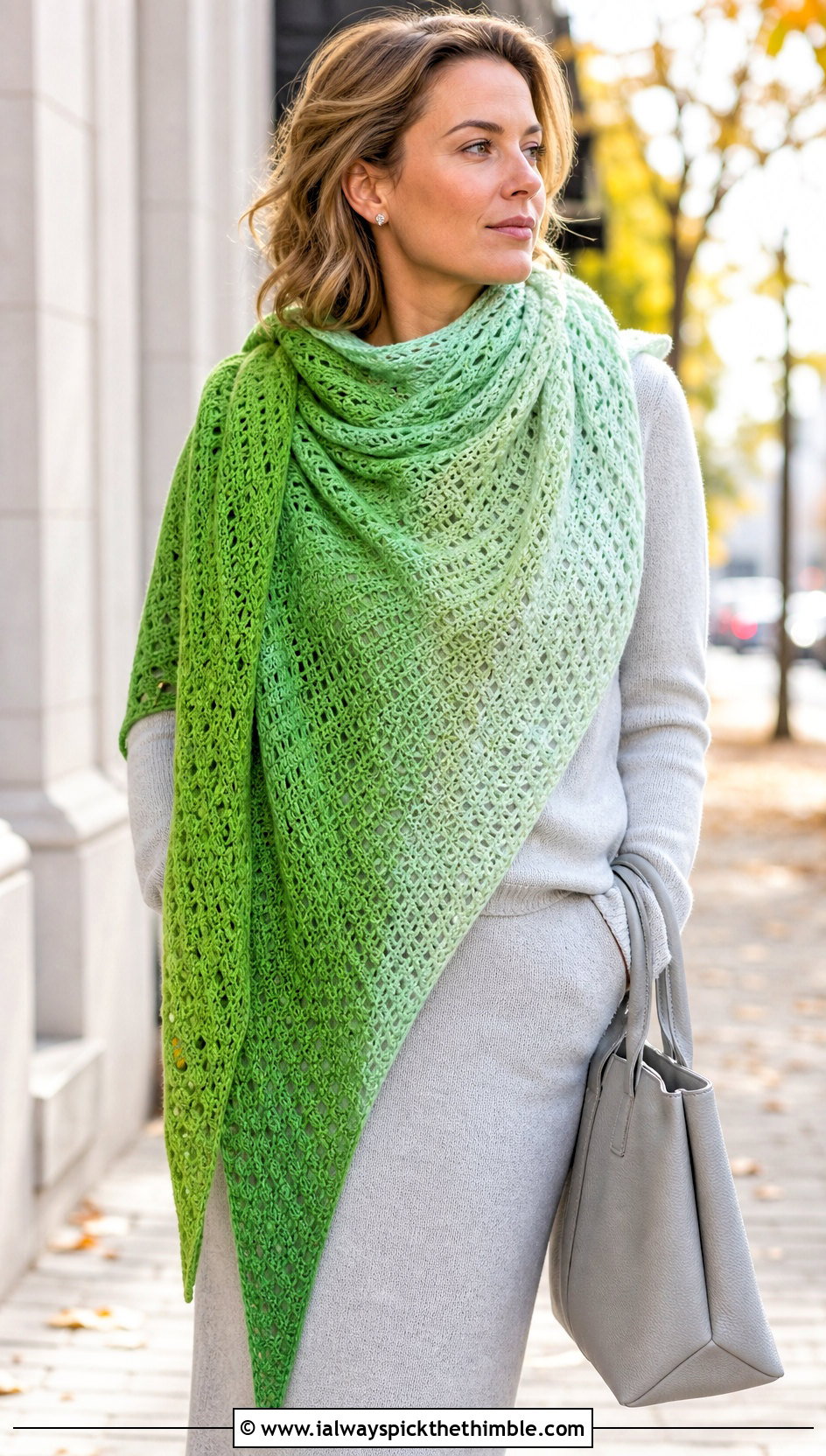 Ombre Asymmetrical Crochet Shawl With Monochrome Knitwear - 20 asymmetrical crochet shawl outfit ideas