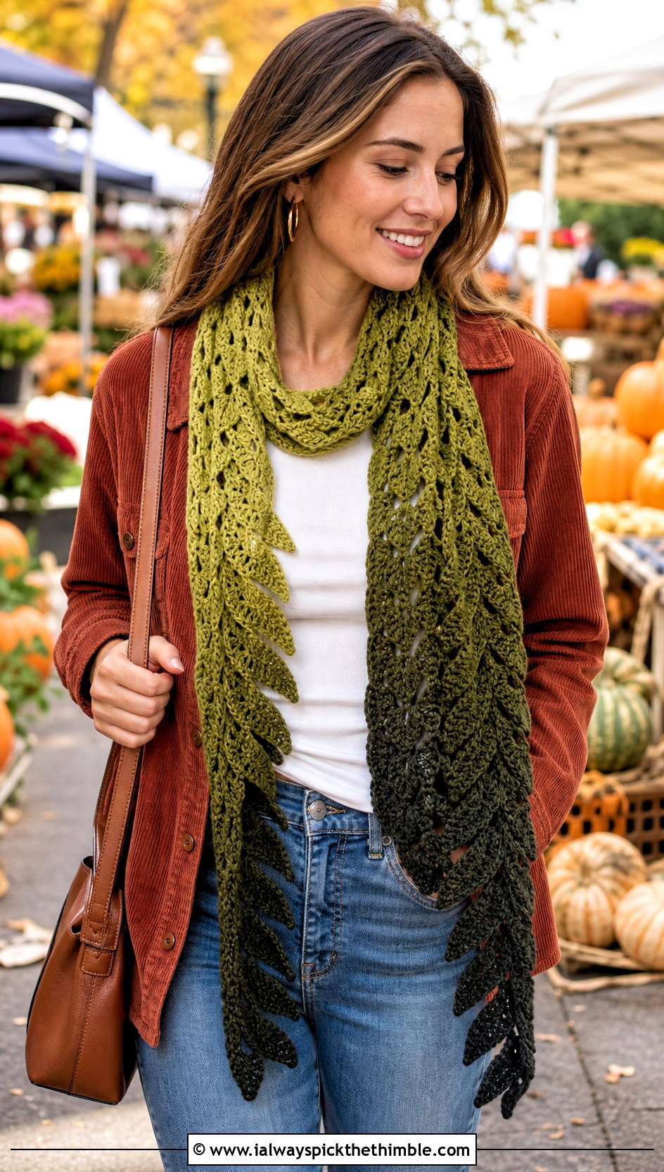 Ombre Autumn Leaf Scarf With Corduroy Overshirt - 20 crochet leaf scarf outfit ideas