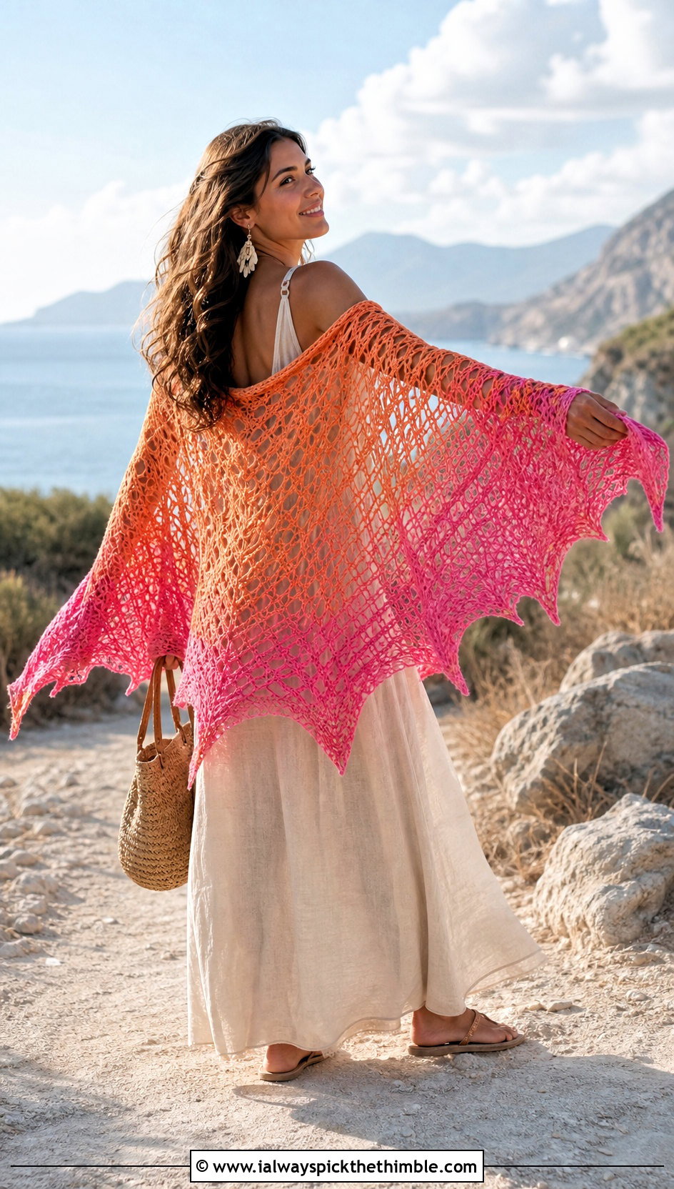 Ombre Bat Wing Crochet Shawl With Maxi Dress - 20 bat wing crochet shawl outfit ideas