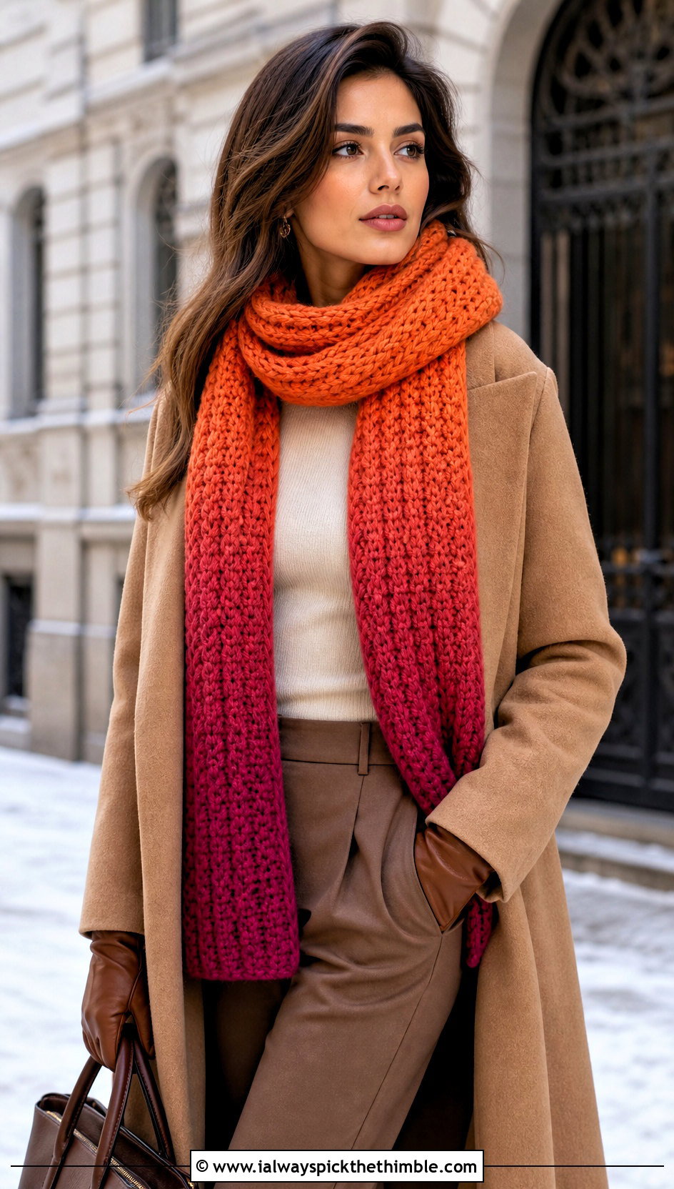 Ombre Bonfire Scarf With Long Wool Coat - 20 Crochet Bonfire Scarf outfit ideas