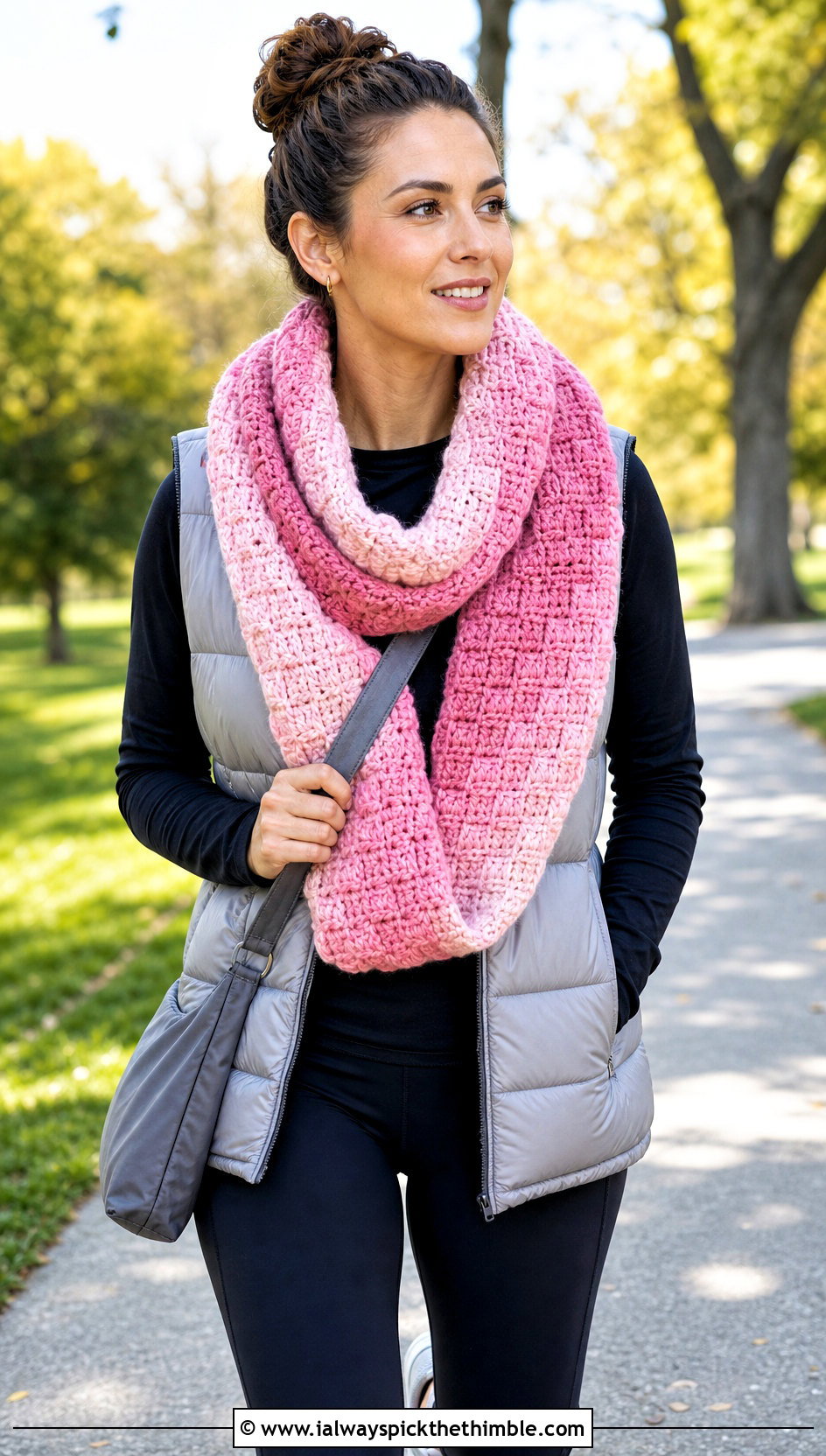 Ombre C2C Infinity Scarf With Puffer Vest And Leggings - 25 c2c crochet scarf outfit ideas