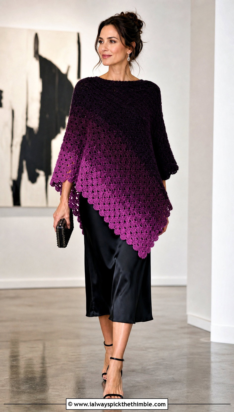 Ombre C2C Poncho With Slip Dress - 15 Crochet C2C Poncho outfit ideas