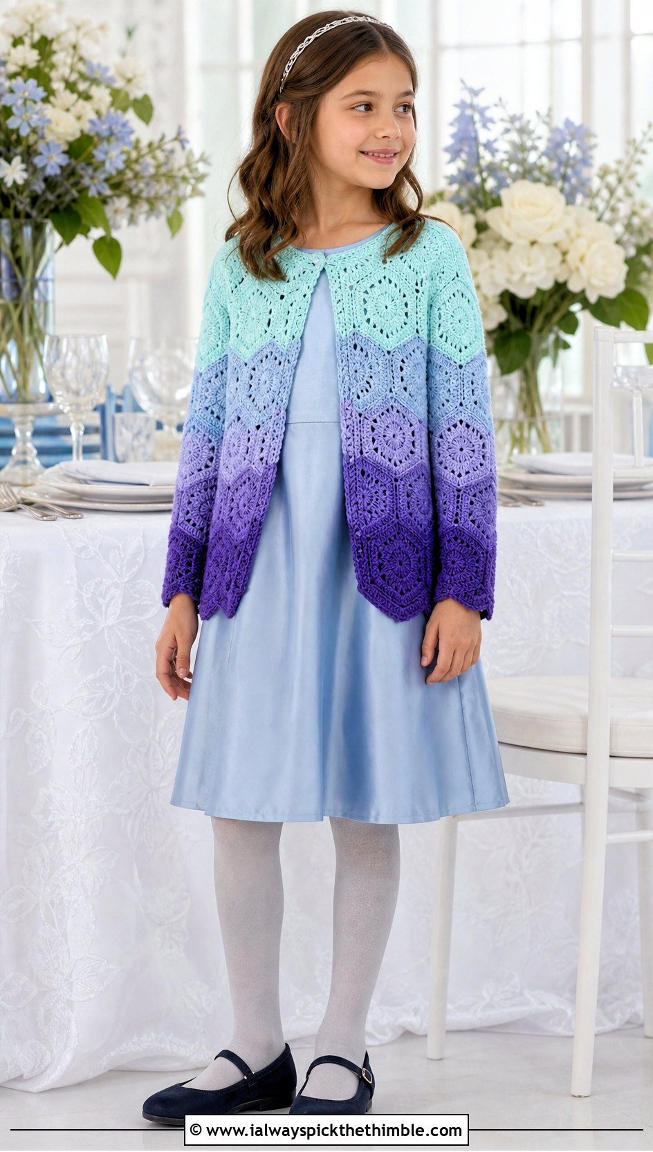 Ombre Childs Hexagon Cardigan With Satin Dress - 15 Crochet Childs Hexagon Cardigan outfit ideas