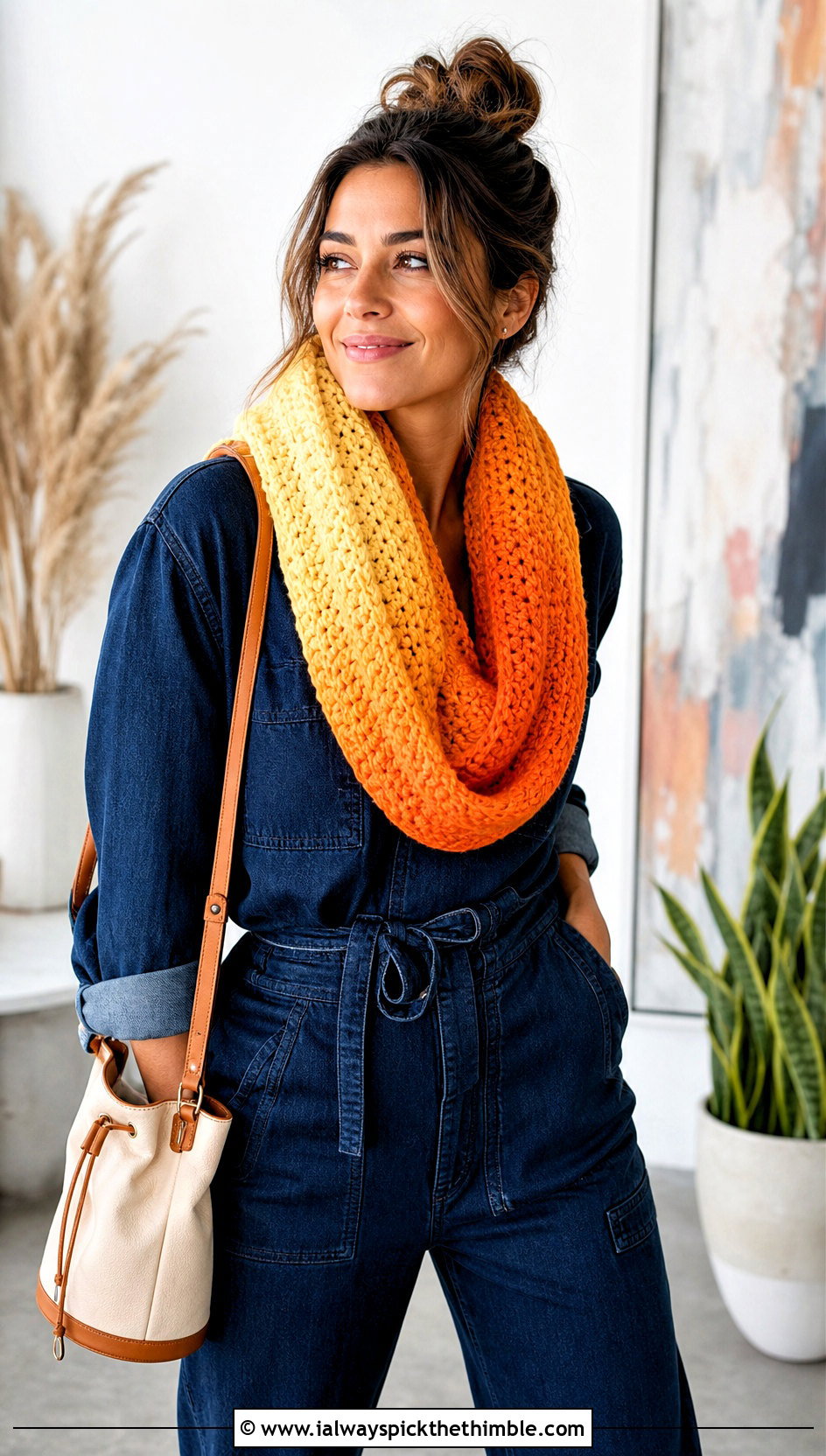 Ombre Chunky Crochet Infinity Scarf With Utility Jumpsuit - 20 Chunky Crochet Infinity Scarf outfit ideas