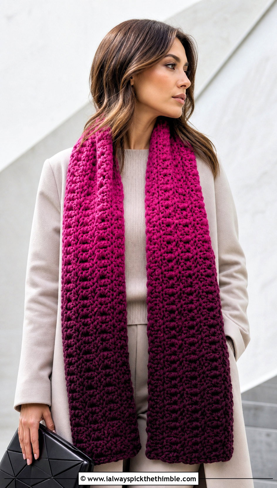 Ombre Chunky Crochet Scarf With Minimalist Coat - 25 chunky crochet scarf outfit ideas